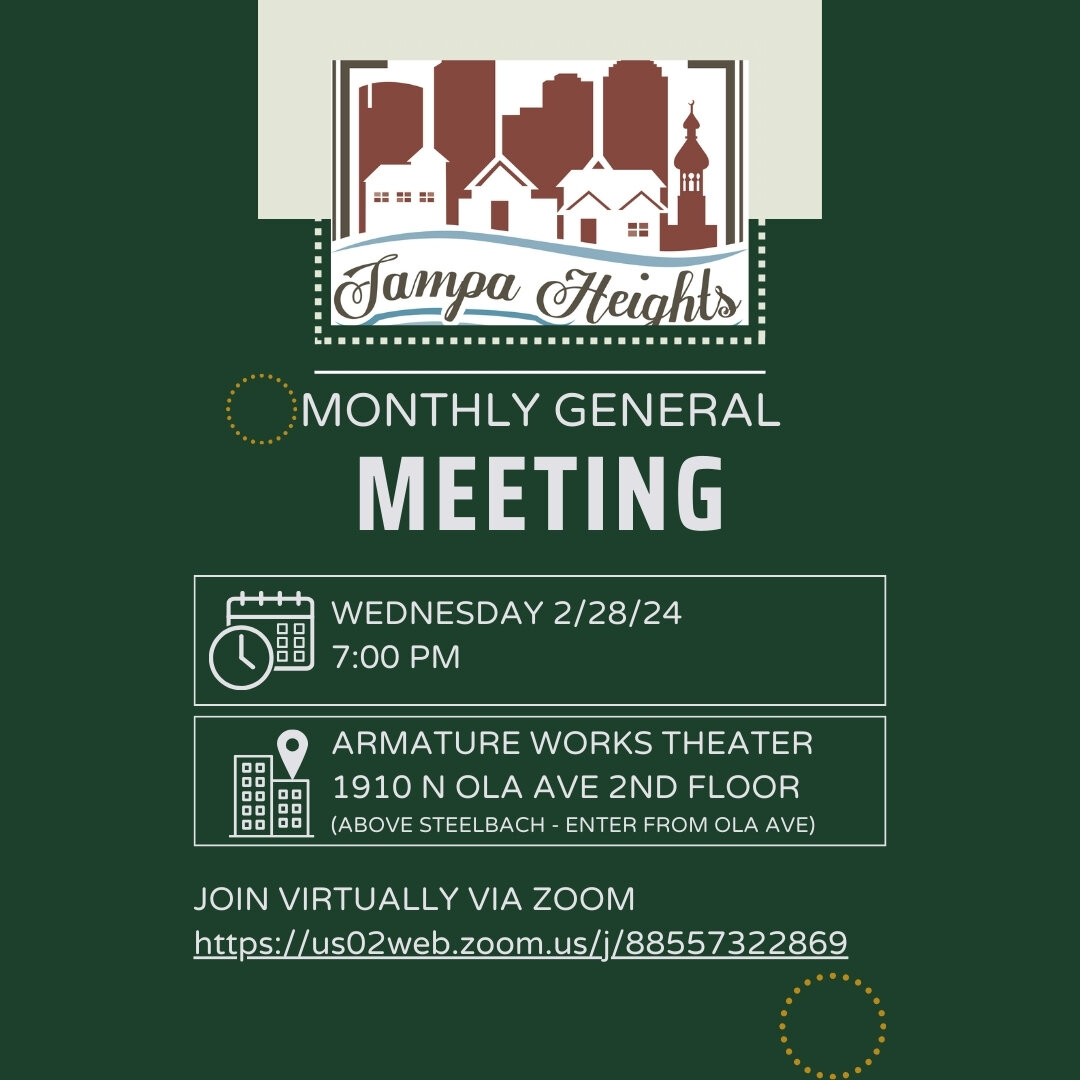 Join us 7 PM on Wednesday 2/28 at Armature Works for our February General Meeting! 

This meeting will focus on Armature Works Master Development and Operations Updates and Tampa Housing Authority/PMG Development - Robles Park Village Redevelopment U