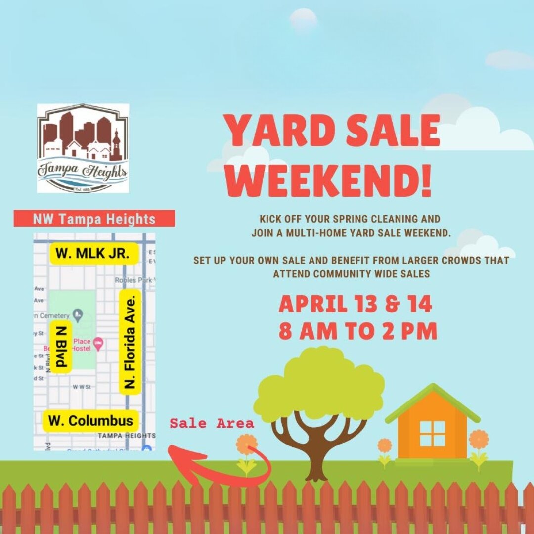 Spring into savings at the Northwest Tampa Heights Community Yard Sale Weekend! 🏡 Clear out your clutter and discover unique finds on April 13 &amp; 14, from 8 AM to 2 PM. Don't miss out on the chance to find treasures and enjoy the buzz of our neig