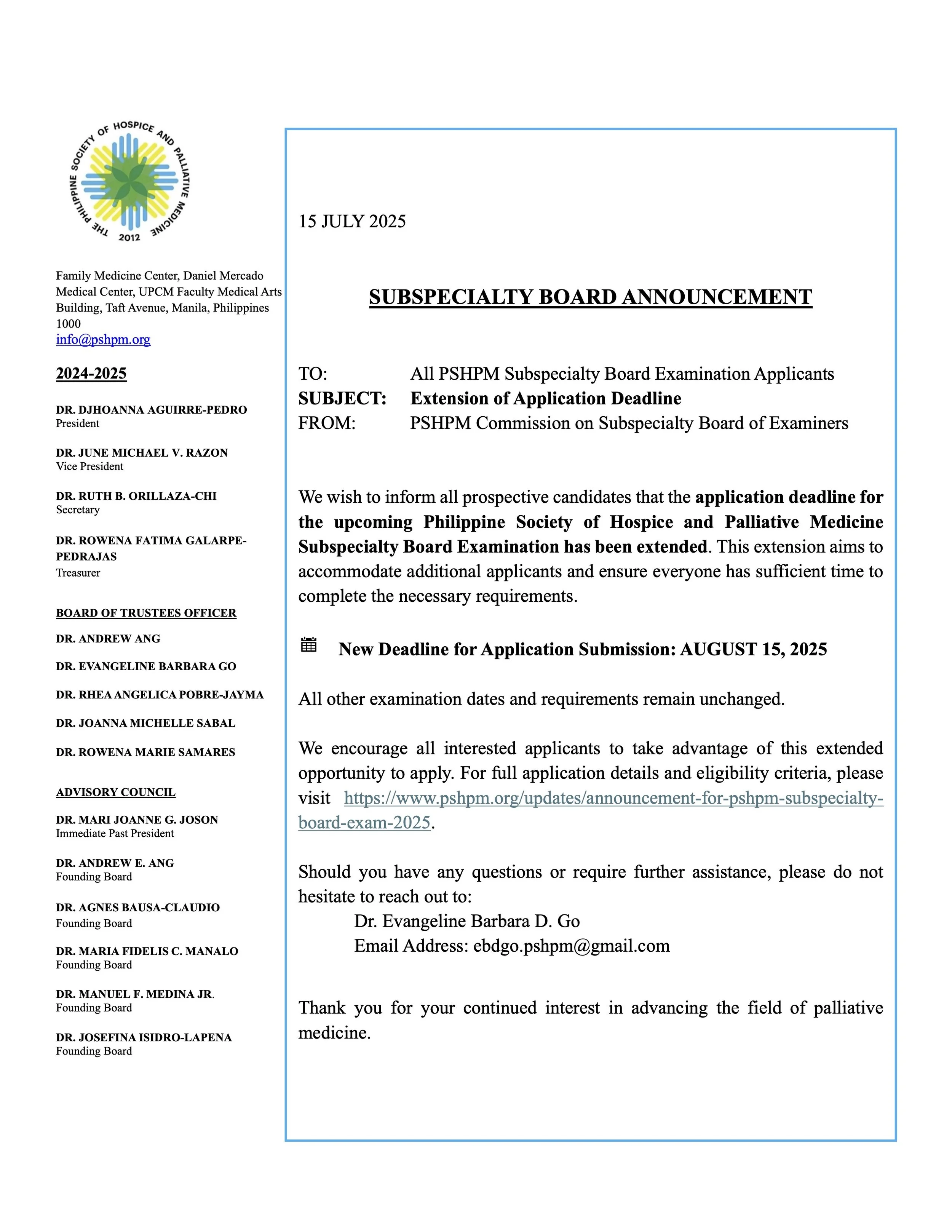Extension of Application Deadline for 2025 PSHPM Subspecialty Board Examination