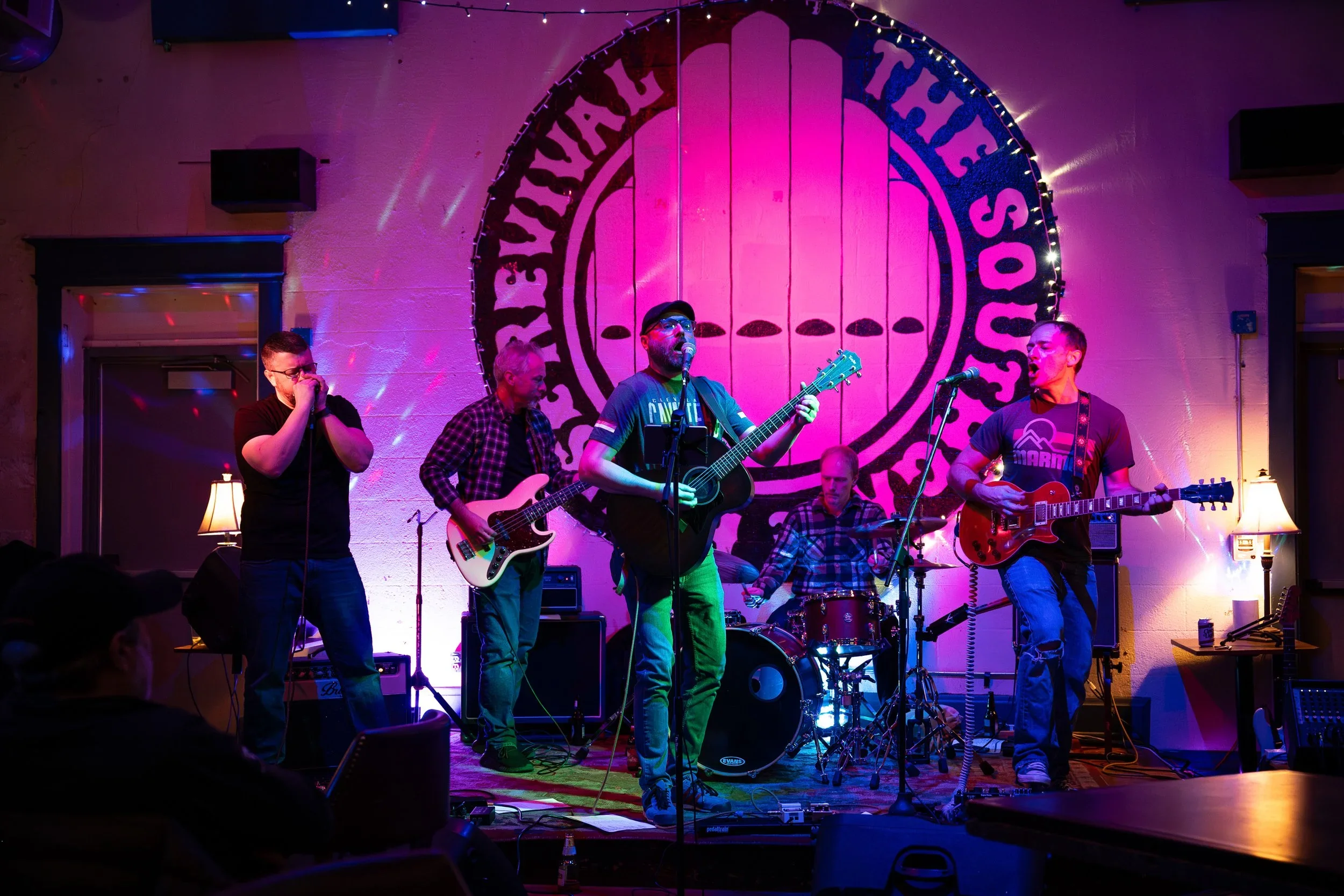 A band performing live on stage with five members, including a harmonica player, bassist, lead singer with guitar, and drummer, at a venue with a large circular logo behind them that says 'Revolution The South'. The stage is lit with colorful pink an