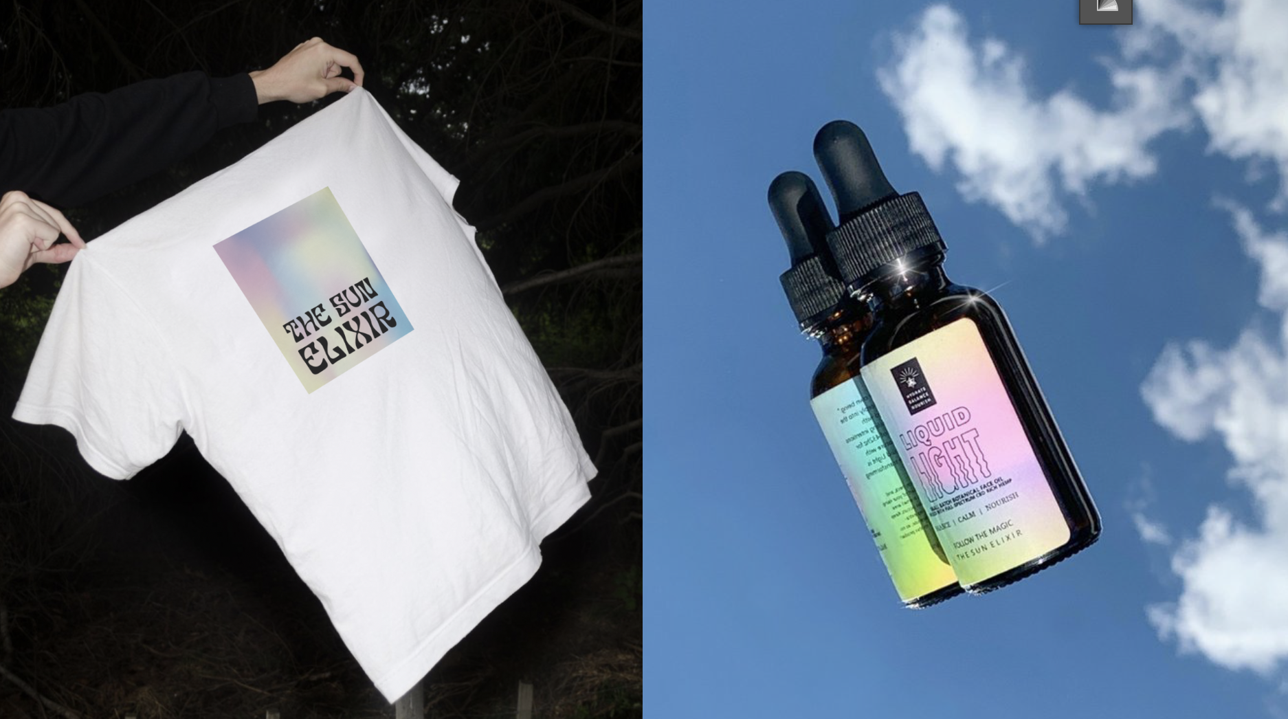 Split image of hands holding a white T-shirt with "The Sun Elixir" design on the left, and two dropper bottles against a blue sky labeled "Liquid Light" on the right.