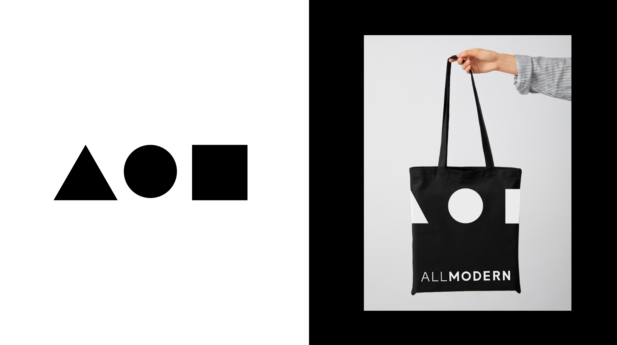 A black tote bag with geometric shapes and the "ALLMODERN" logo, held by a hand against a plain background.