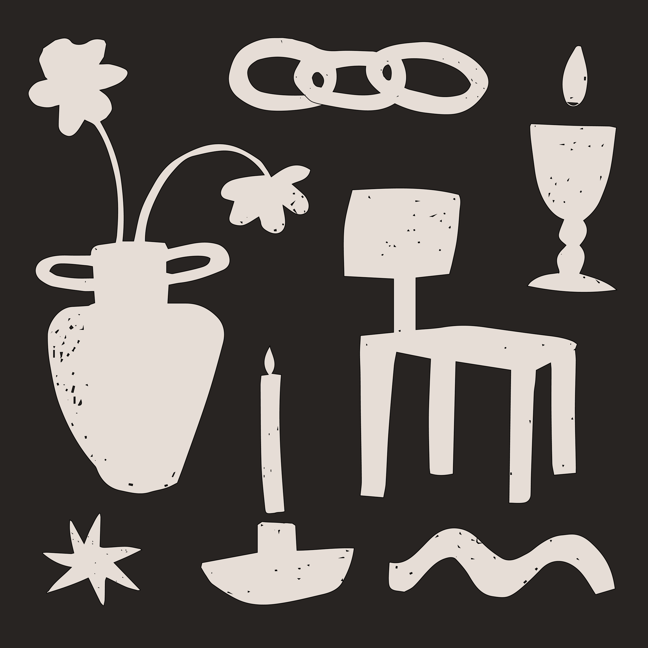 Abstract illustration with a vase, flowers, chair, star, chain, candlestick, goblet, and wavy line on a dark background.