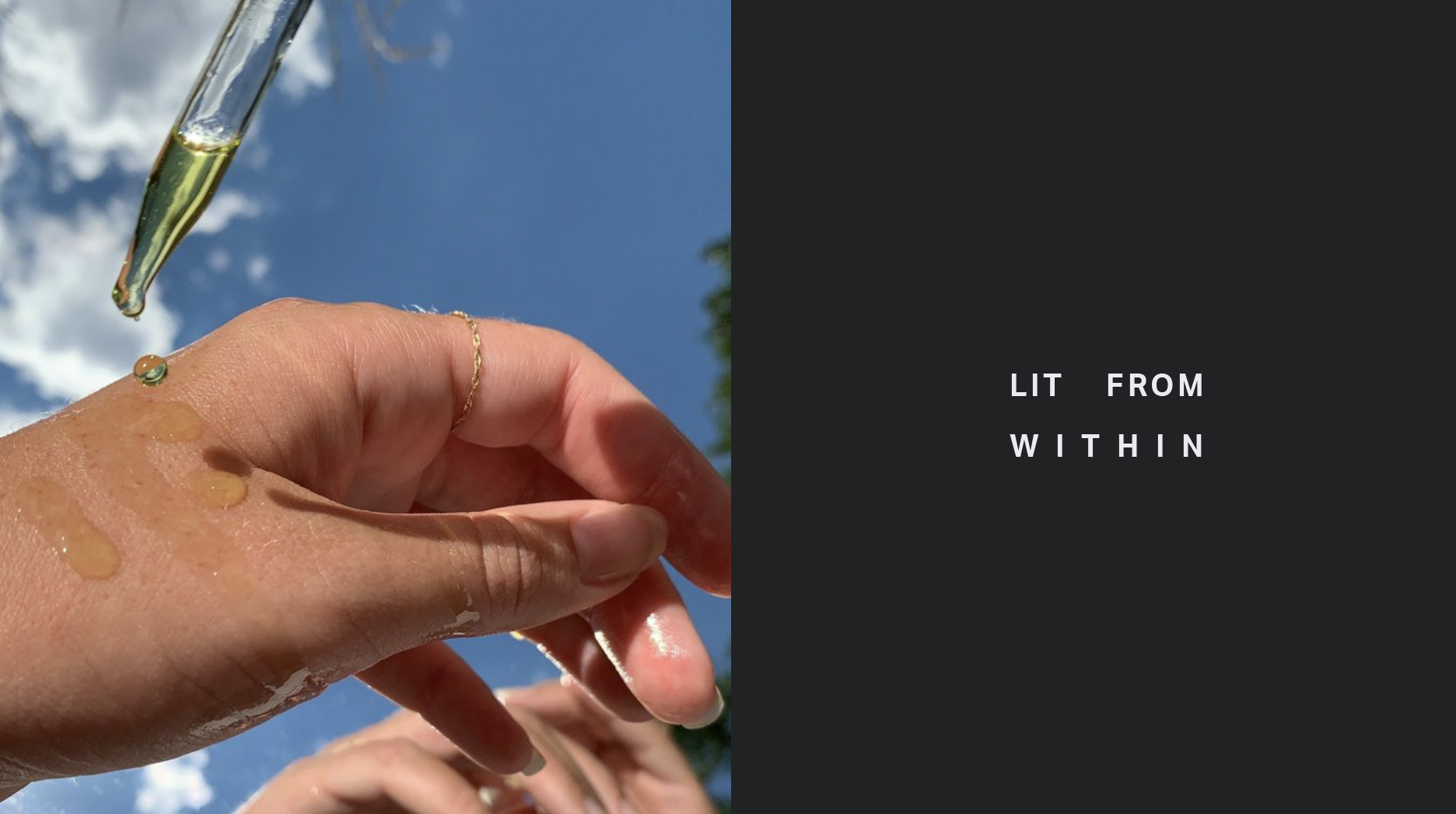A hand with oil being applied by a dropper, blue sky in background, text 'Lit From Within' on black background.