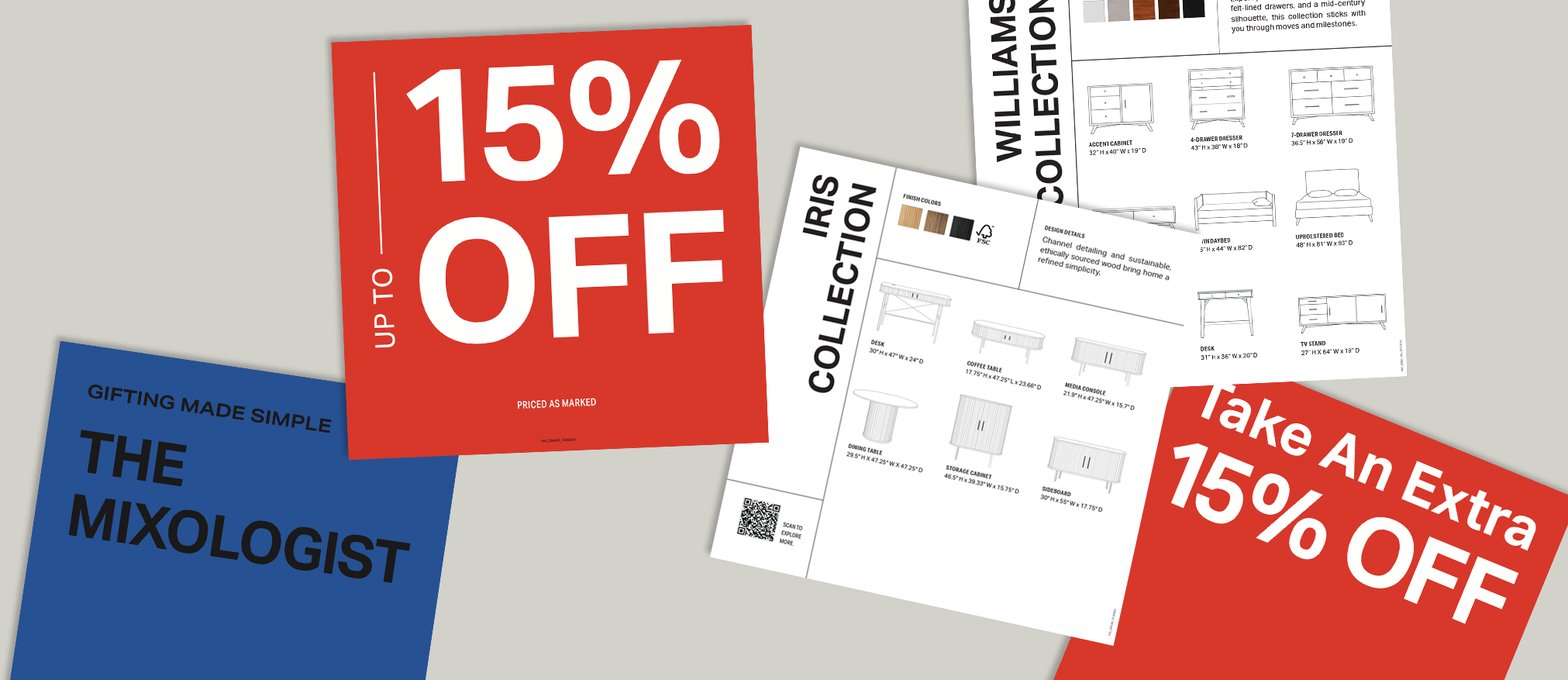 Image of marketing materials showing a mix of promotional offers and furniture collections. One ad mentions 'Up to 15% Off' on a red background, while another displays 'The Mixologist' with a blue background. There are illustrations from the 'William