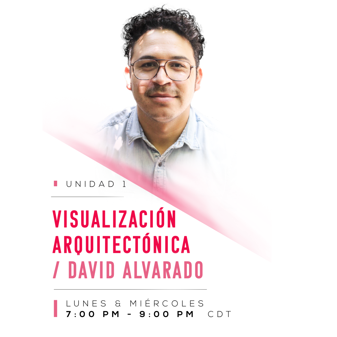 DAVID ALVARADOArquitecto graduado por el Instituto Tecnológico de Querétaro, con 12 años de experiencia, socio y fundador de Visuales Machine; oficina especialista en visualización arquitectónica, ubicada en la ciudad de Querétaro.Dentro de su trayectoria ha colaborado en la ejecución y desarrollo de modelado 3D e infografías para diferentes proyectos de carácter arquitectónico, diseño industrial, paramétrico y experimental, con distintas oficinas de arquitectura a nivel nacional.Cuenta con experiencia docente al impartir cursos de visualización arquitectónica, tanto en el ámbito privado, asá como impartiendo clases dentro de la Universidad Autónoma de Querétaro.