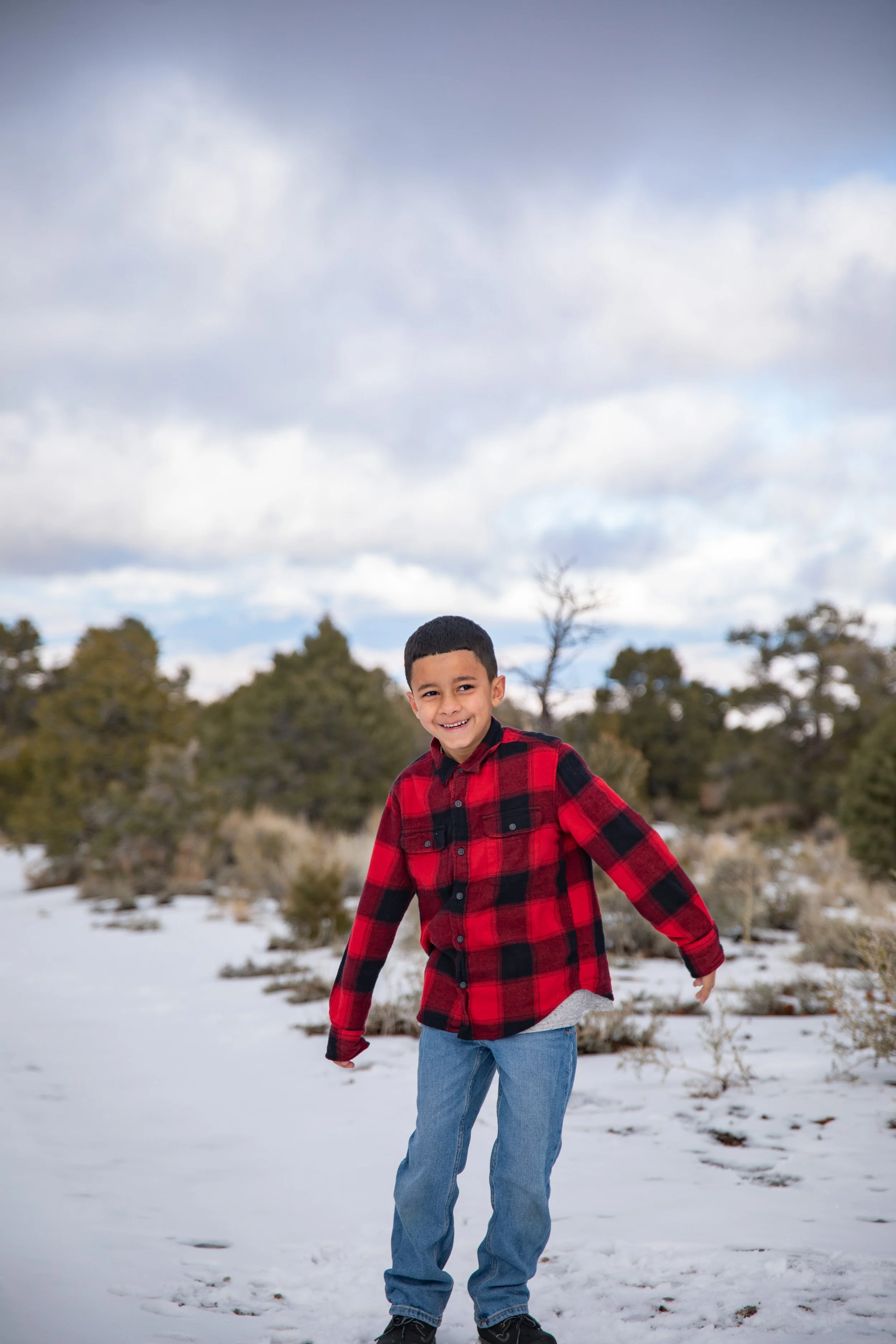A young boy smiling and wearing a red plaid shirt and blue jeans standing in a snowy landscape with trees and a cloudy sky in the background.