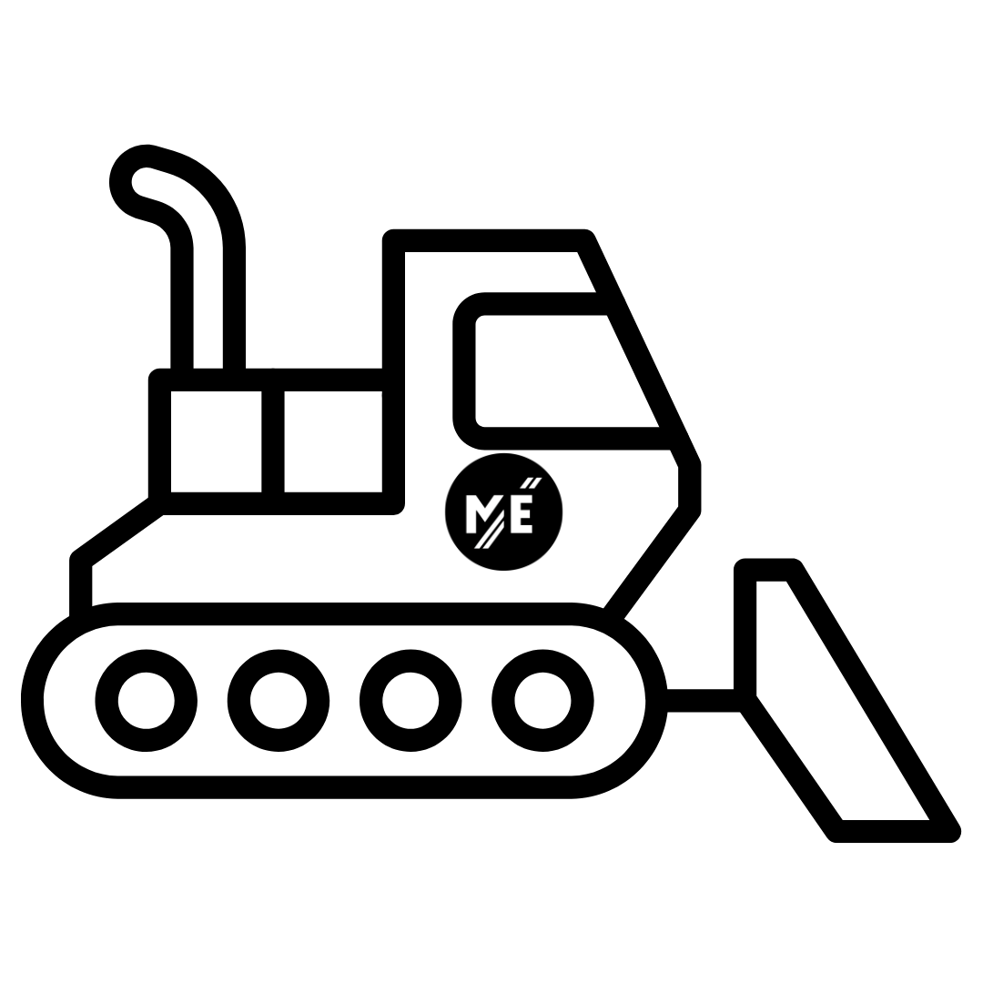Illustration d'une pelle mécanique stylisée en noir et blanc avec le mot 'MÉ' sur la cabine.