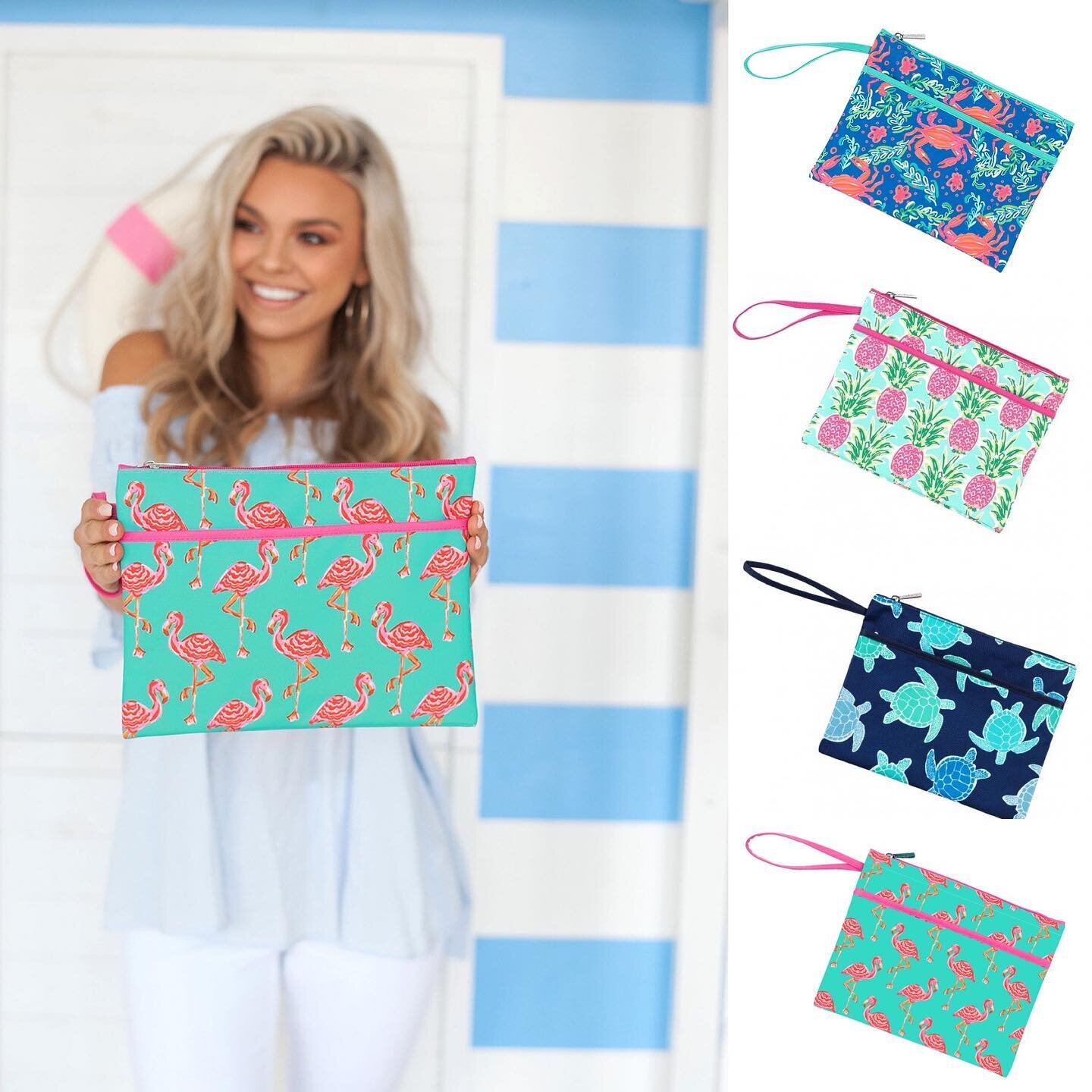 Wristlets!  Are oversized wristlets that are PEVA lined perfect for the beach, boating, camping, or the pool - 2 Compartments you can certainly put wet items in!  Or go out for the evening with a stylish and pop of color accessory!  Available in 7  b