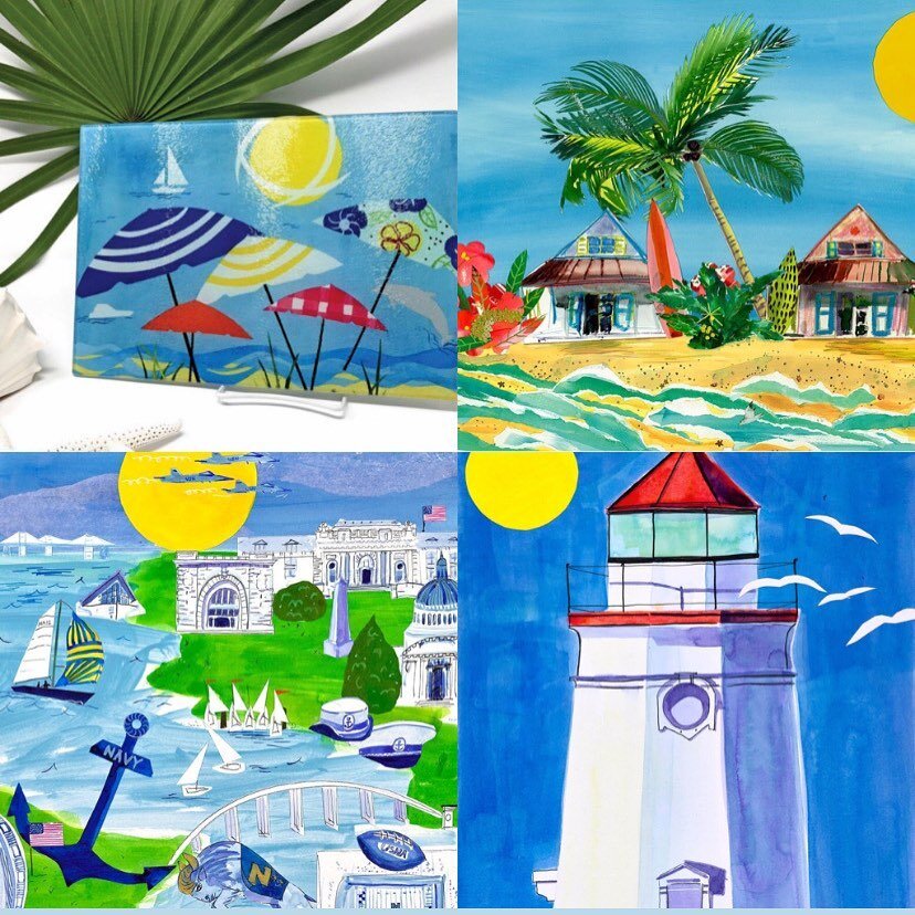 Beautiful cutting boards for Liz Lind wonderful local artist!  Loving the blues - has Liz art on flags doormats fleece blankets prints and ceramic tile art!!! #localartist #womanownedbusiness #art #cuttingboard #navy #lighthouse #florida #palmtrees #