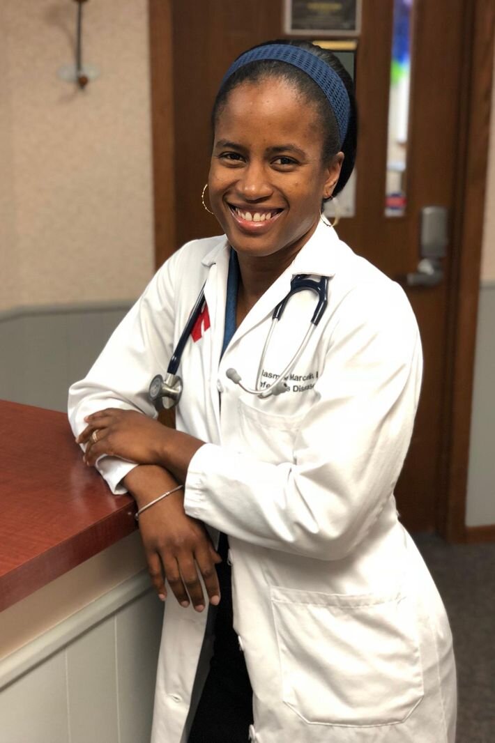 Jasmine R Marcelin MD, Assistant Professor, Infectious Diseases and Associate Program Director of the Internal Medicine Residency Program at the University of Nebraska Medical Center at work. DRS. SARA BARES/JASMINE R MARCELIN