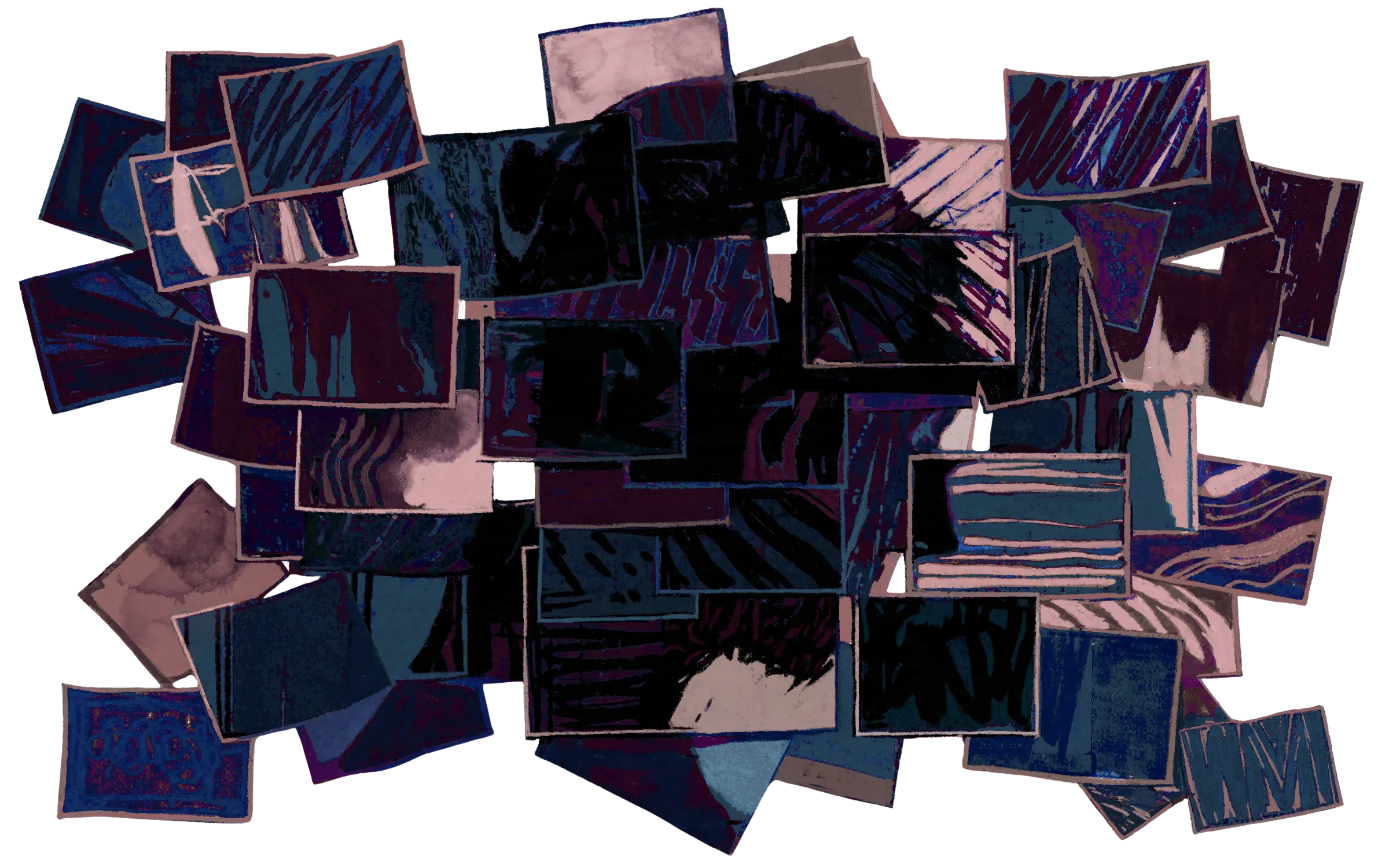 A collage of various abstract, dark-colored square and rectangular shapes layered and overlapping.