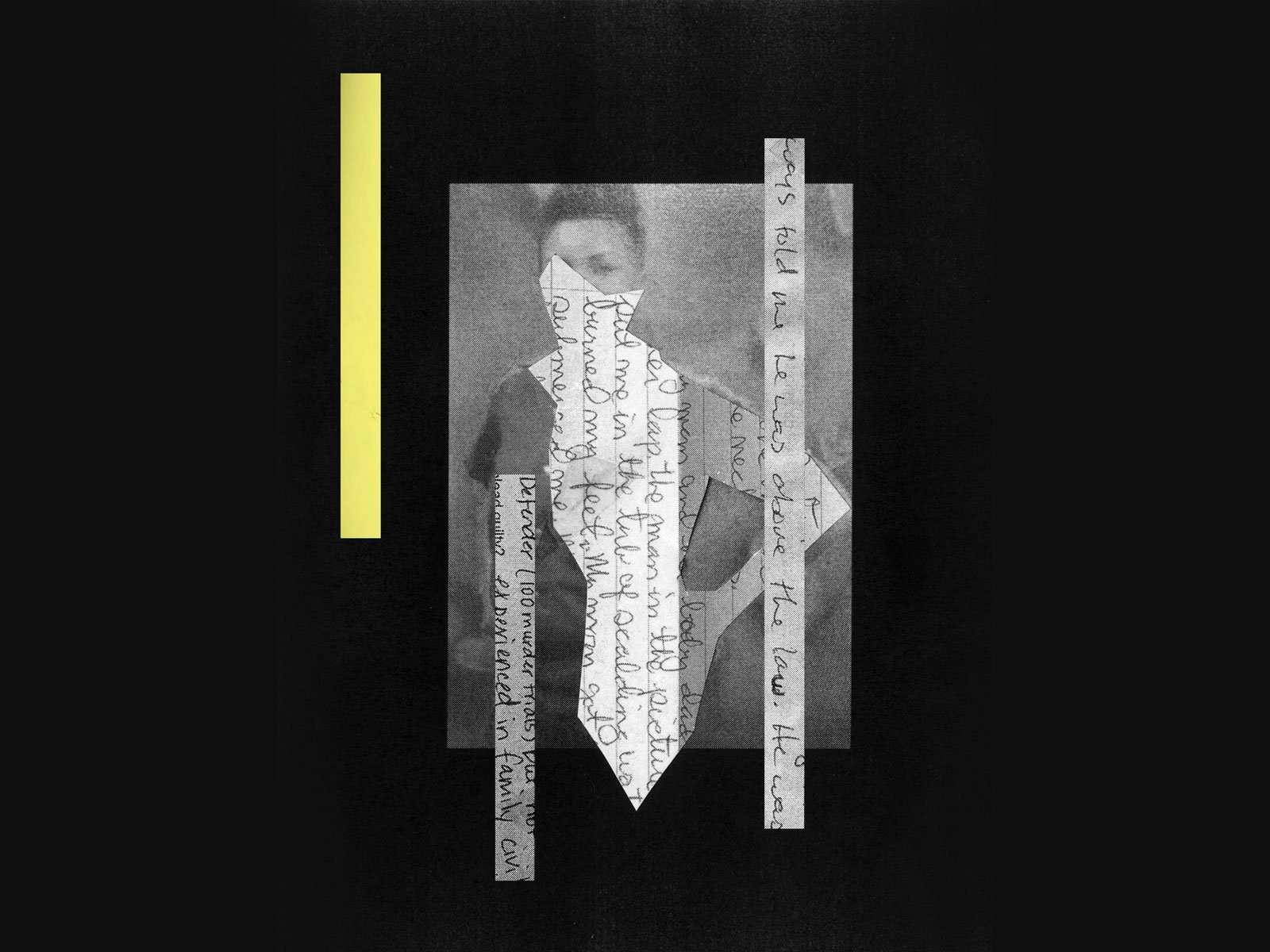 A black and white collage of a person's face with handwritten notes and geometric shapes overlayed on the image, on a black background.