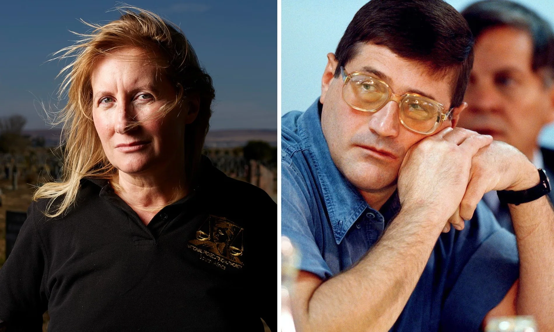 A split image showing a woman with blonde hair on the left and a man with dark hair and glasses on the right.