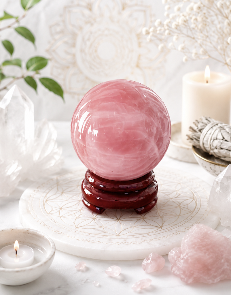 High Grade Rose Quartz Crystal Ball (stand included)
