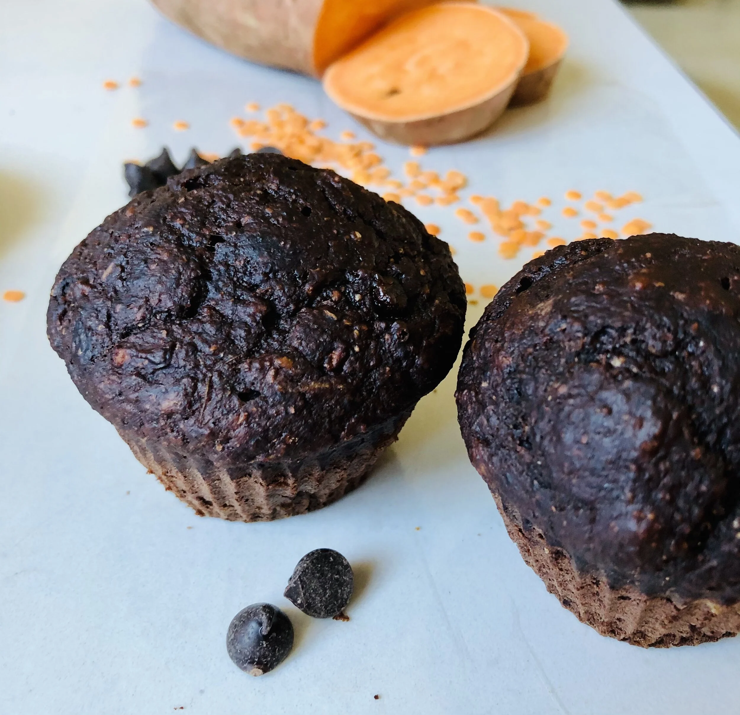 Chocolate Muffins with Sweet Potato and Red Lentils 