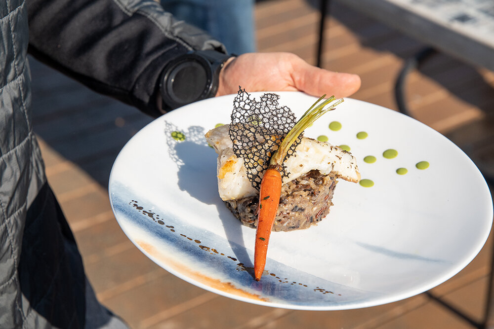 Risotto, Rockfish, Herb Puree and Squid Ink Tuile