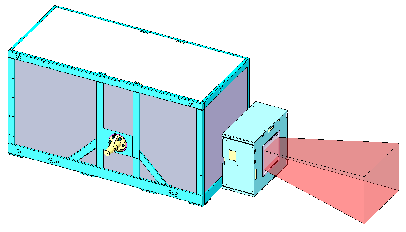 The CAD model of the machine shown above. The red region is a depiction of the main x-ray beam out.