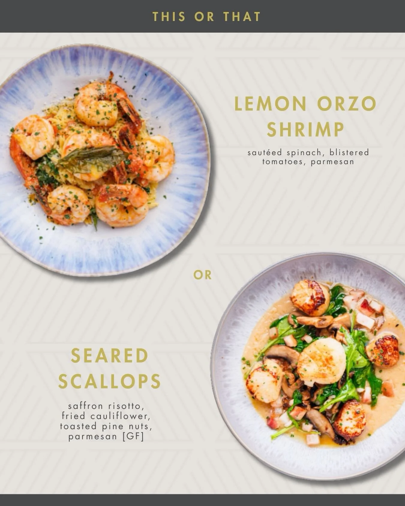 This or That? 🦐✨
Lemon Orzo Shrimp: saut&eacute;ed spinach, blistered tomatoes, parmesan
Seared Scallops: saffron risotto, fried cauliflower, toasted pine nuts [GF]
Which one are you picking tonight?