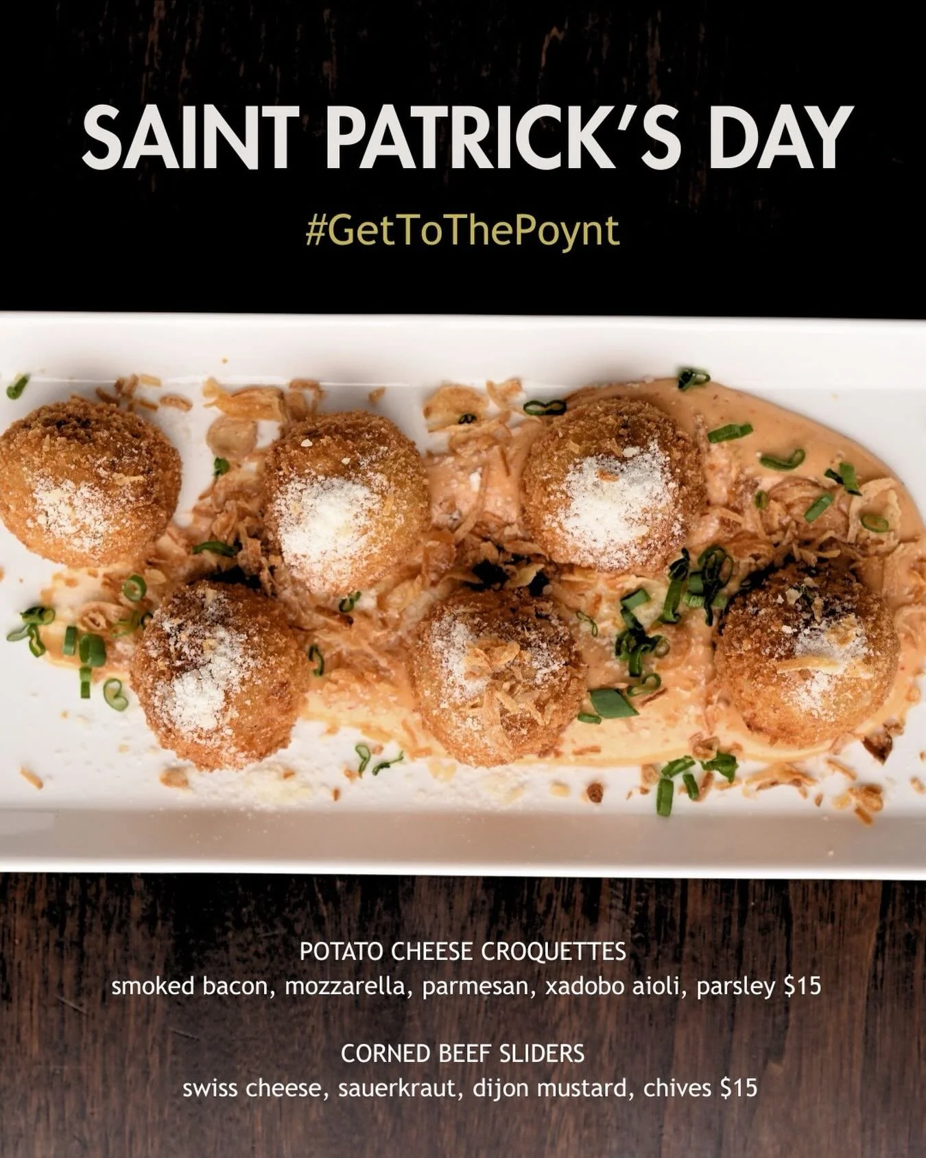 Celebrate St. Patty&rsquo;s Day the tasty way at The Poynt! ☘️ 

🍀 Potato Cheese Croquettes &ndash; smoked bacon, mozzarella, parmesan, xadobo aioli, parsley $15
🍀 Corned Beef Sliders &ndash; swiss cheese, sauerkraut, dijon mustard, chives $15

Ava