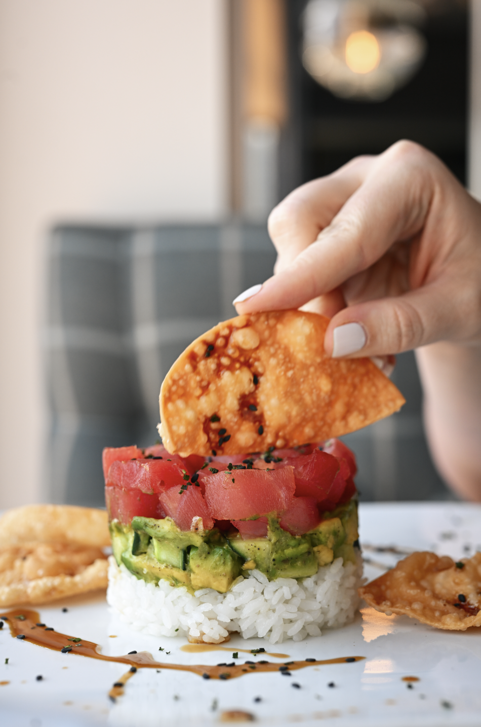 Ahi tuna and avocado stack with wonton crisp at The Poynt, Newburyport MA