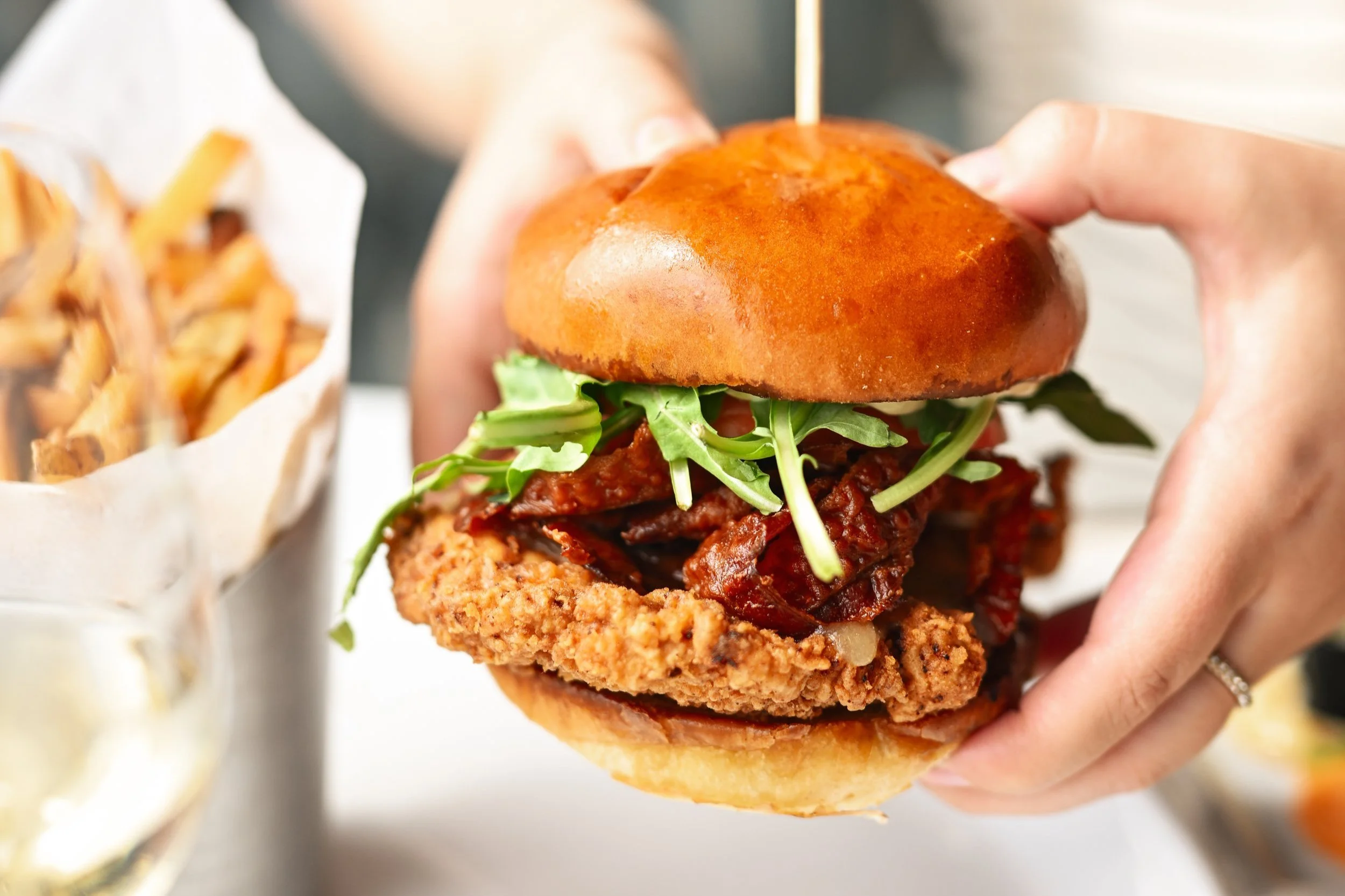 Crispy fried chicken sandwich with beef-tallow fries at The Poynt, Newburyport MA