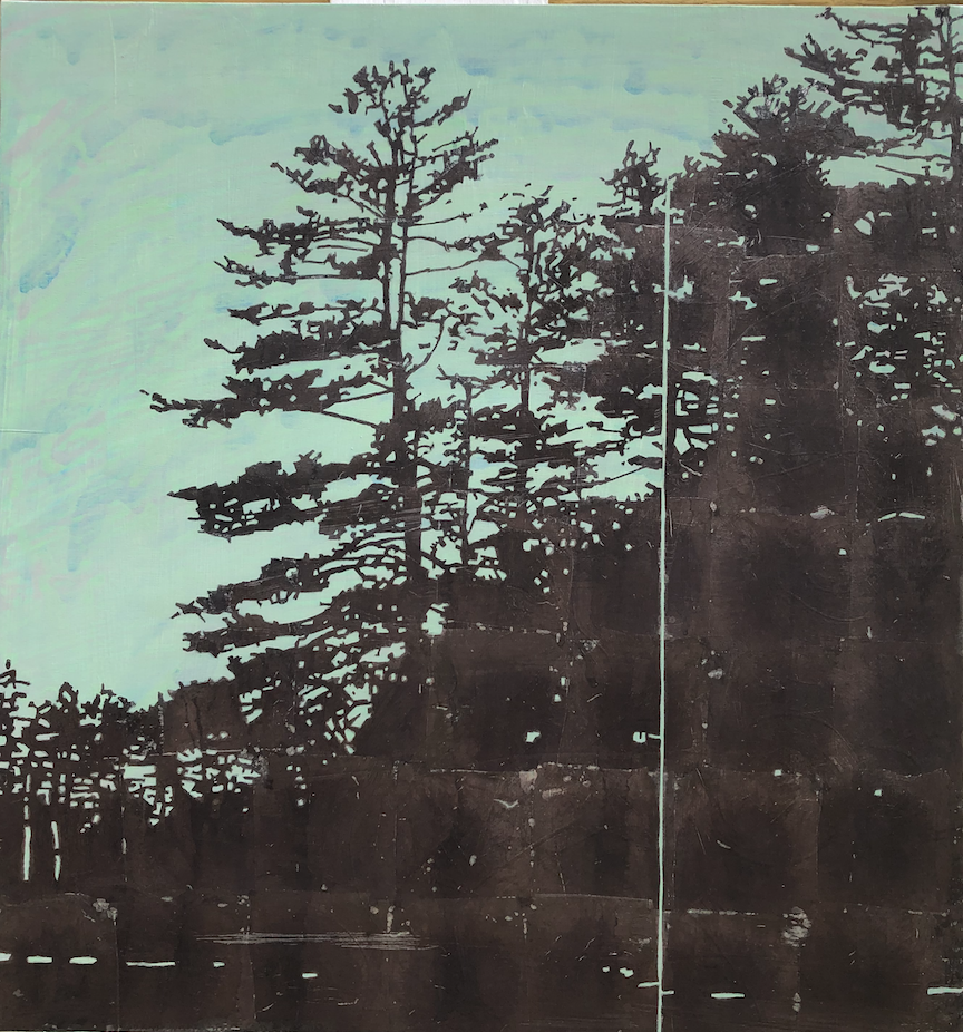 Reservoir, 2023, Acrylic and silver leaf on panel, 27 x 25 inches