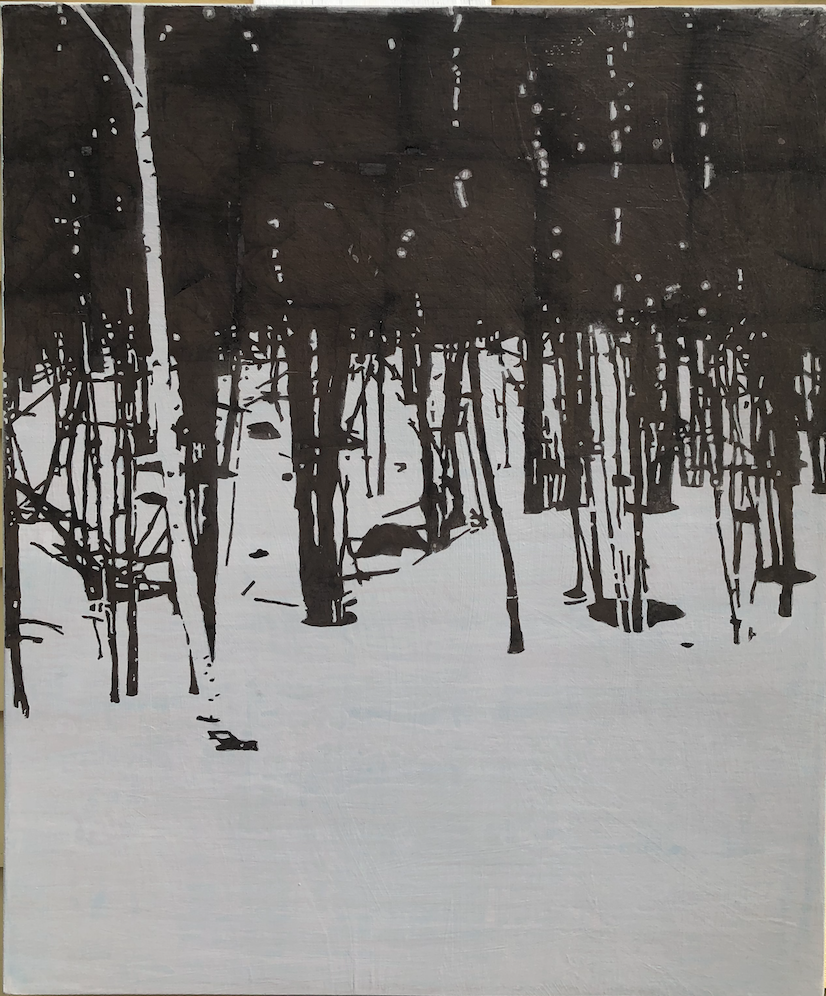 Near Sanborn, Acrylic and silver leaf on panel, 24 x 20 inches