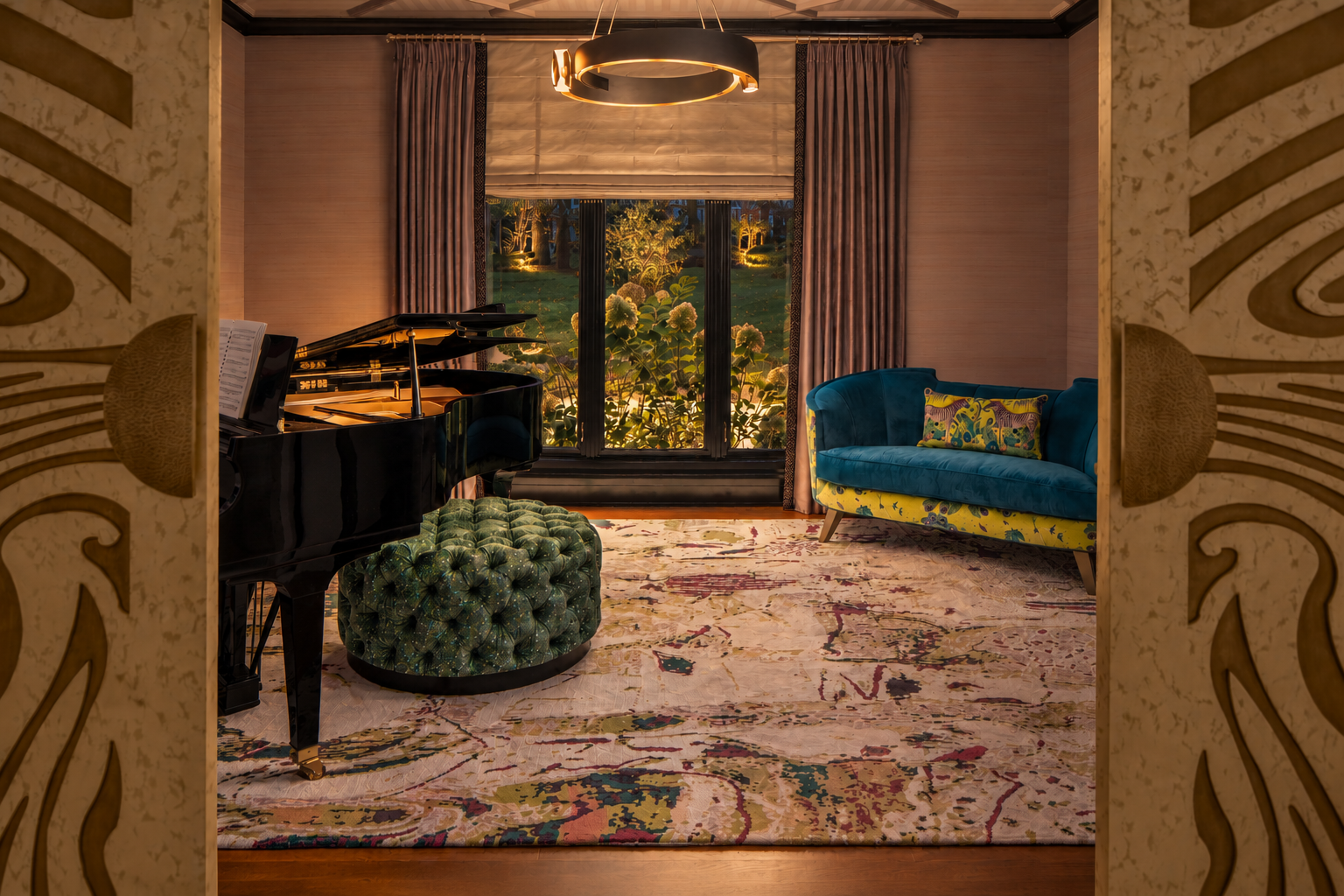 Dining room interior design by RCQ Design, a New Jersey interior design firm, showing layered evening lighting.