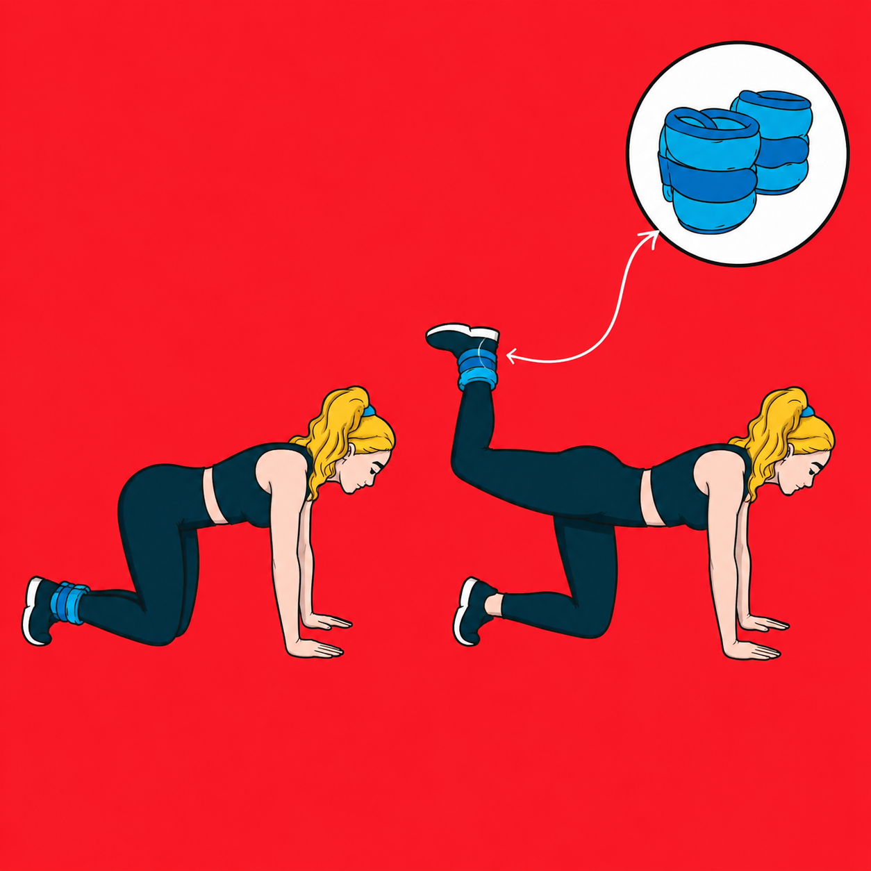 Illustration of a woman performing donkey kicks on all fours while wearing blue ankle weights, with a callout showing the ankle weight equipment.