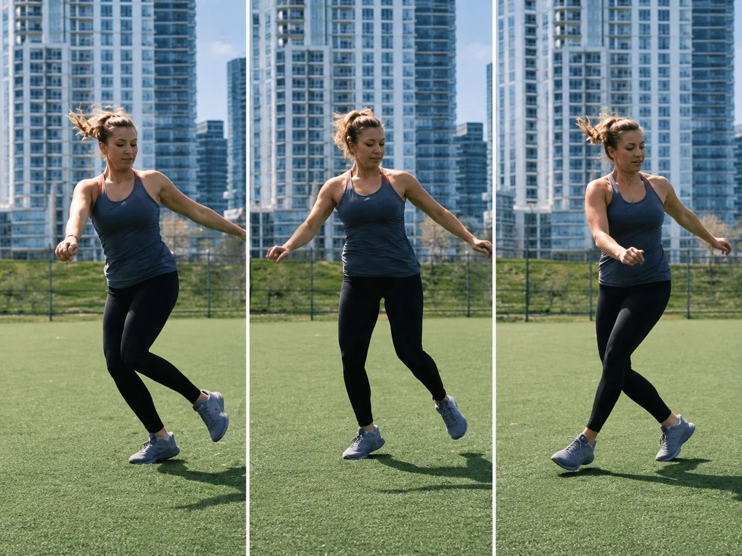 Woman performing the crossover karaoke exercise drill on outdoor turf.