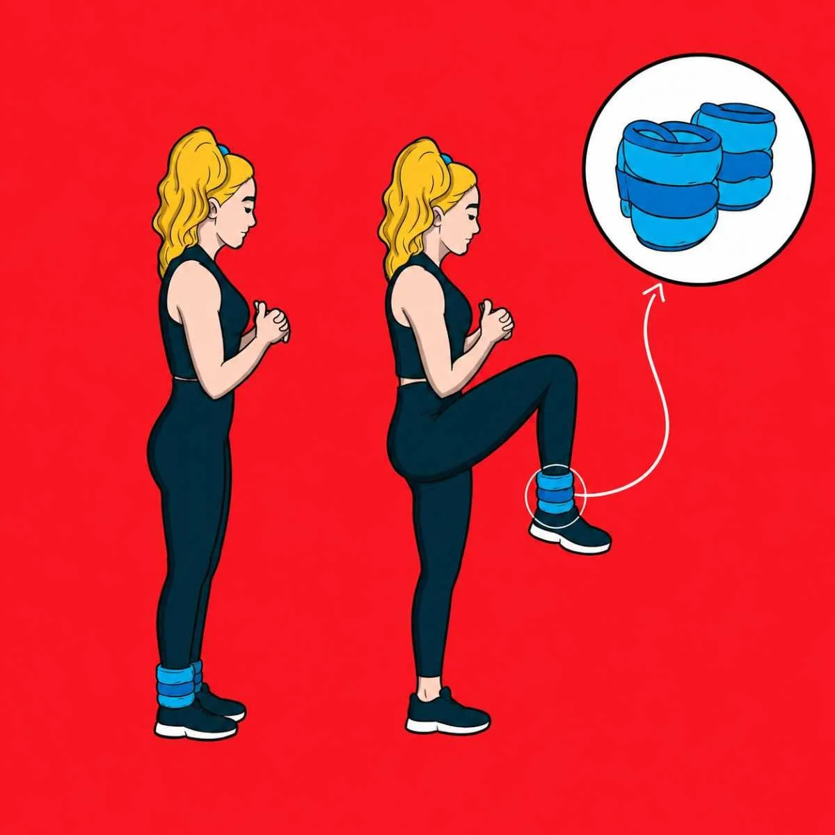 a woman performing a standing high knee exercise with a blue ankle weight, shown in start and lifted-knee positions with a callout of the ankle weight equipment.