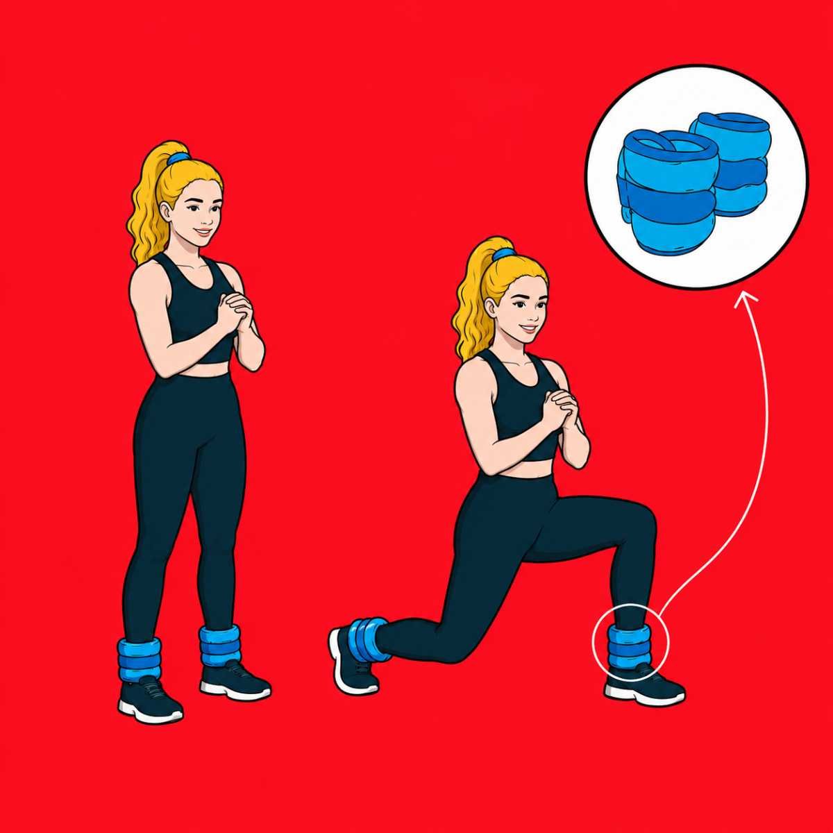 Illustration of a blonde woman performing lunges with blue ankle weights, shown in a standing start position and a forward lunge position with a callout of the ankle weight equipment.