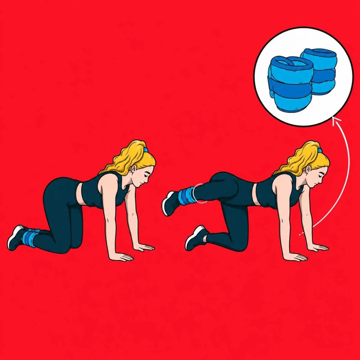 Illustration of a blonde woman performing a fire hydrant exercise with blue ankle weights, shown in a starting all fours position and a raised side leg position with a callout of the ankle weight equipment.