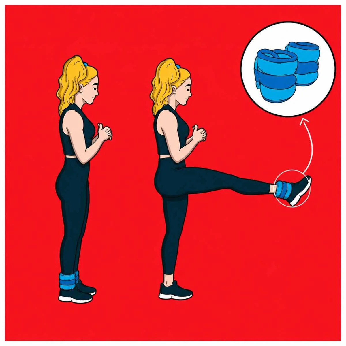 Illustration of a woman performing a standing front leg raise with a blue ankle weight around her ankle, shown in start and raised leg positions with a callout of the ankle weight equipment.