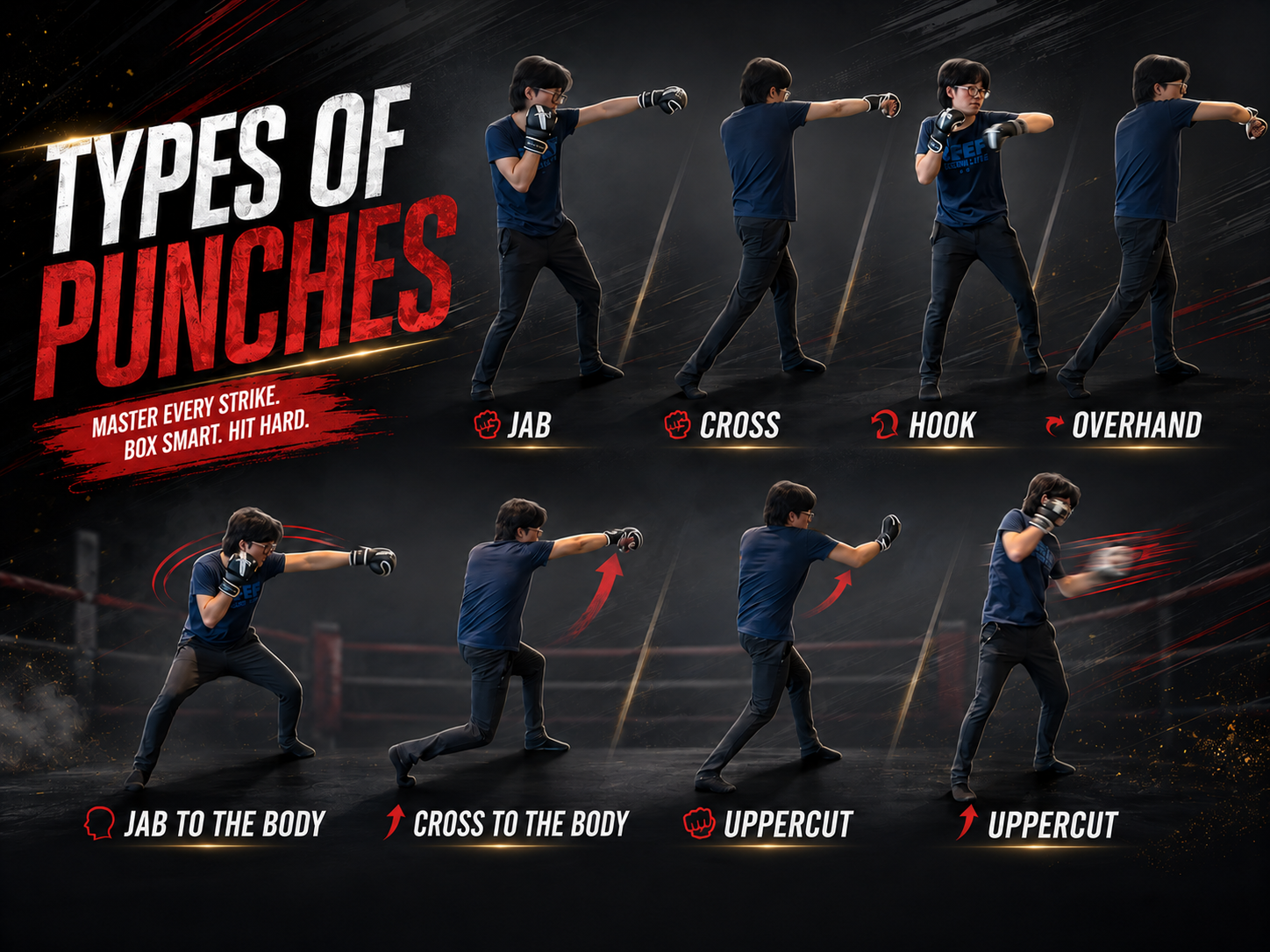 Boxer displaying different types of punches for boxing