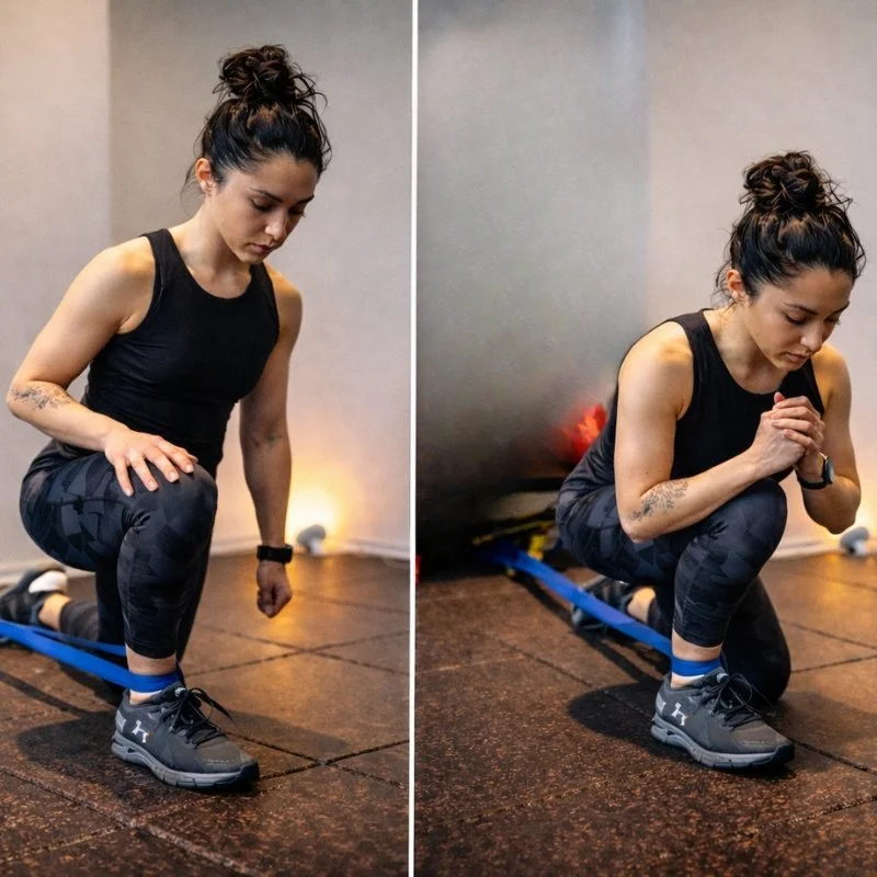 Personal Trainer perfoming a Banded Ankle Dorsiflexion to help with stiffness in ankles