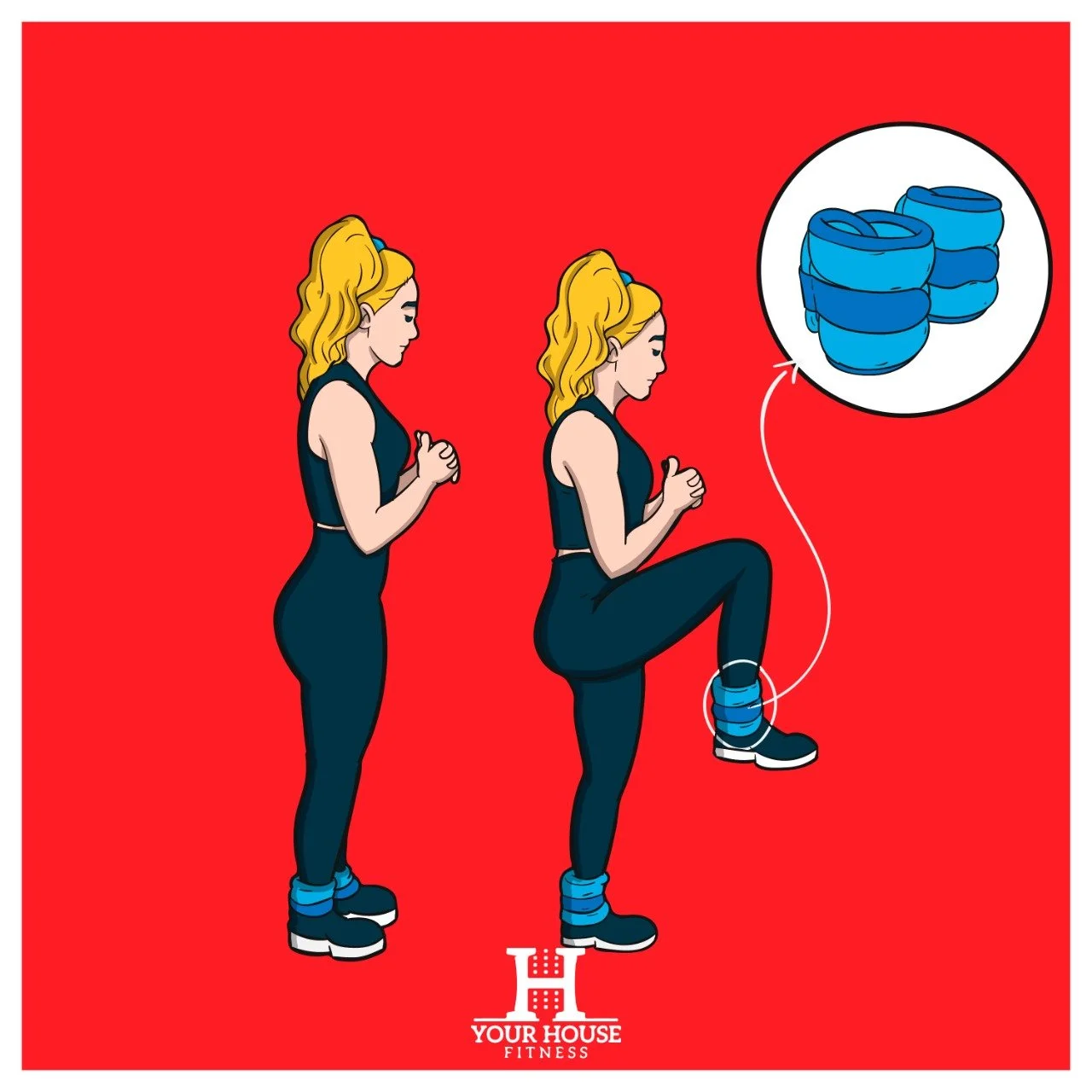 Standing leg raise exercise using ankle weights for lower body strength.