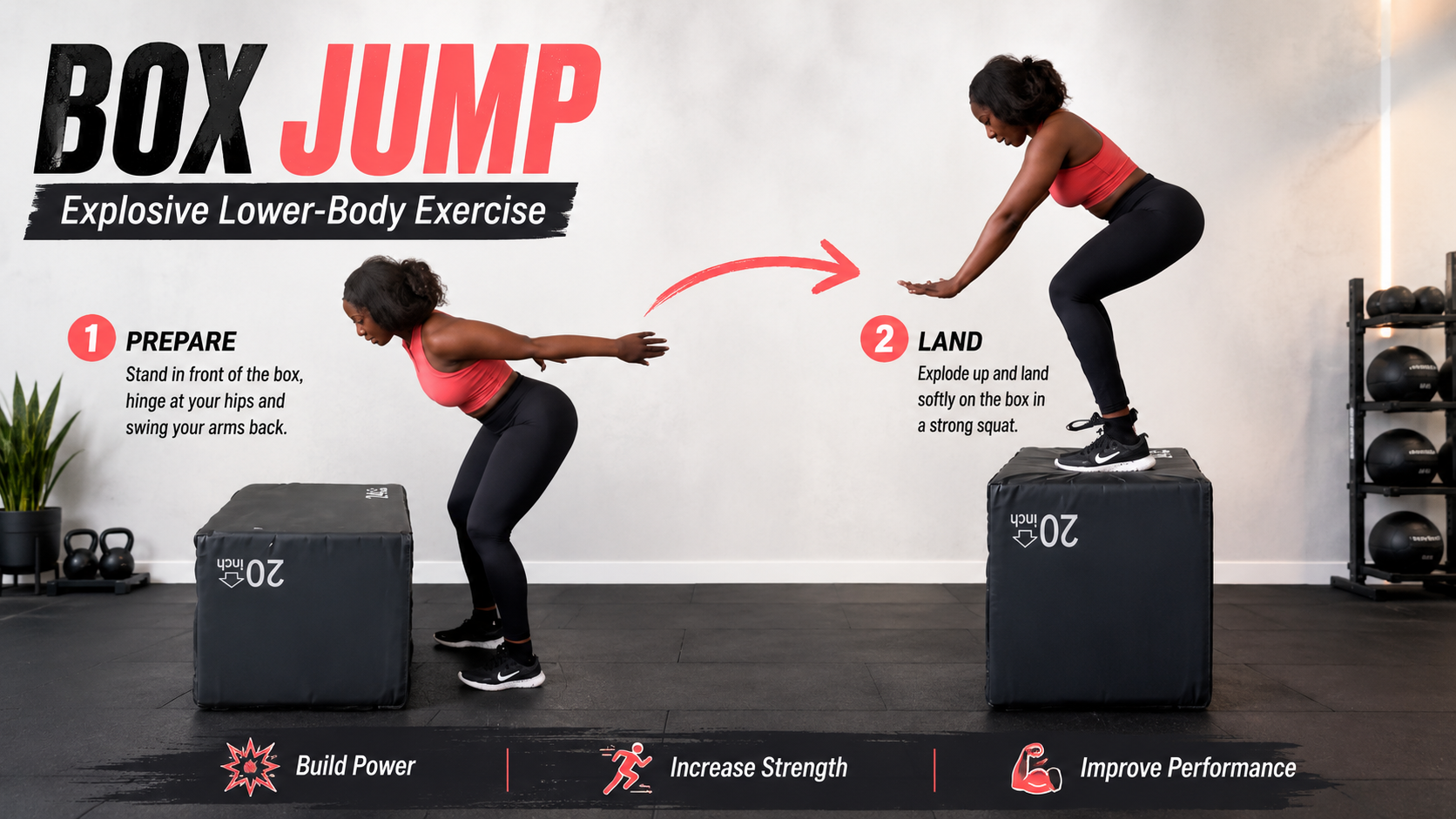 Woman performing a box jump exercise, showing the starting position and landing position on a plyometric box.