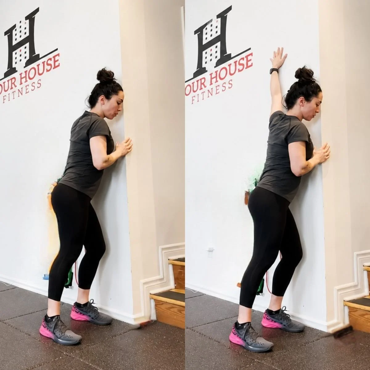 A personal trainer demonstrates how to use a lacrosse ball against the wall to release tight chest muscles and improve pec mobility.