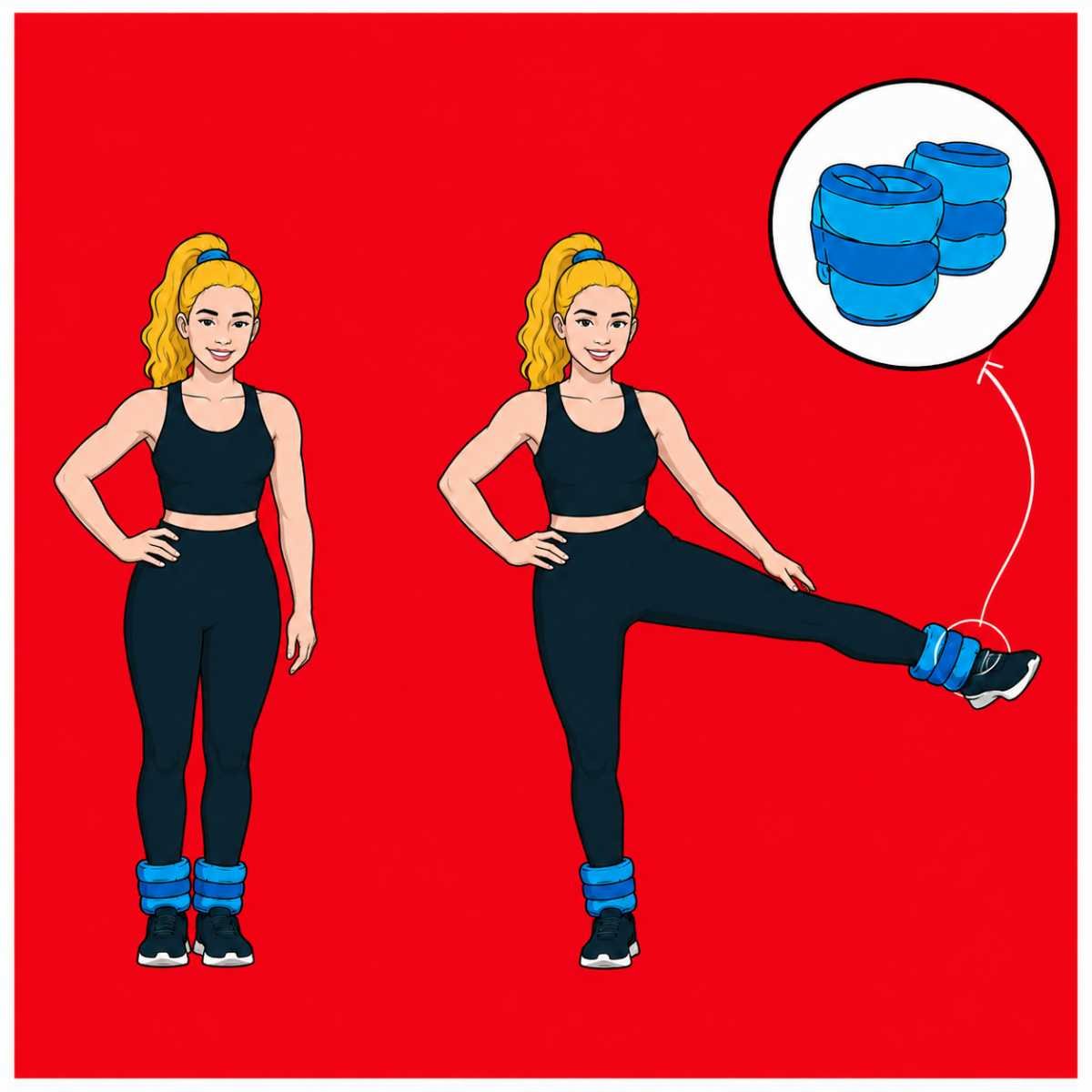 Illustration of a blonde woman performing leg raises to the side with blue ankle weights, shown in a standing start position and a side leg raise position with a callout of the ankle weight equipment.