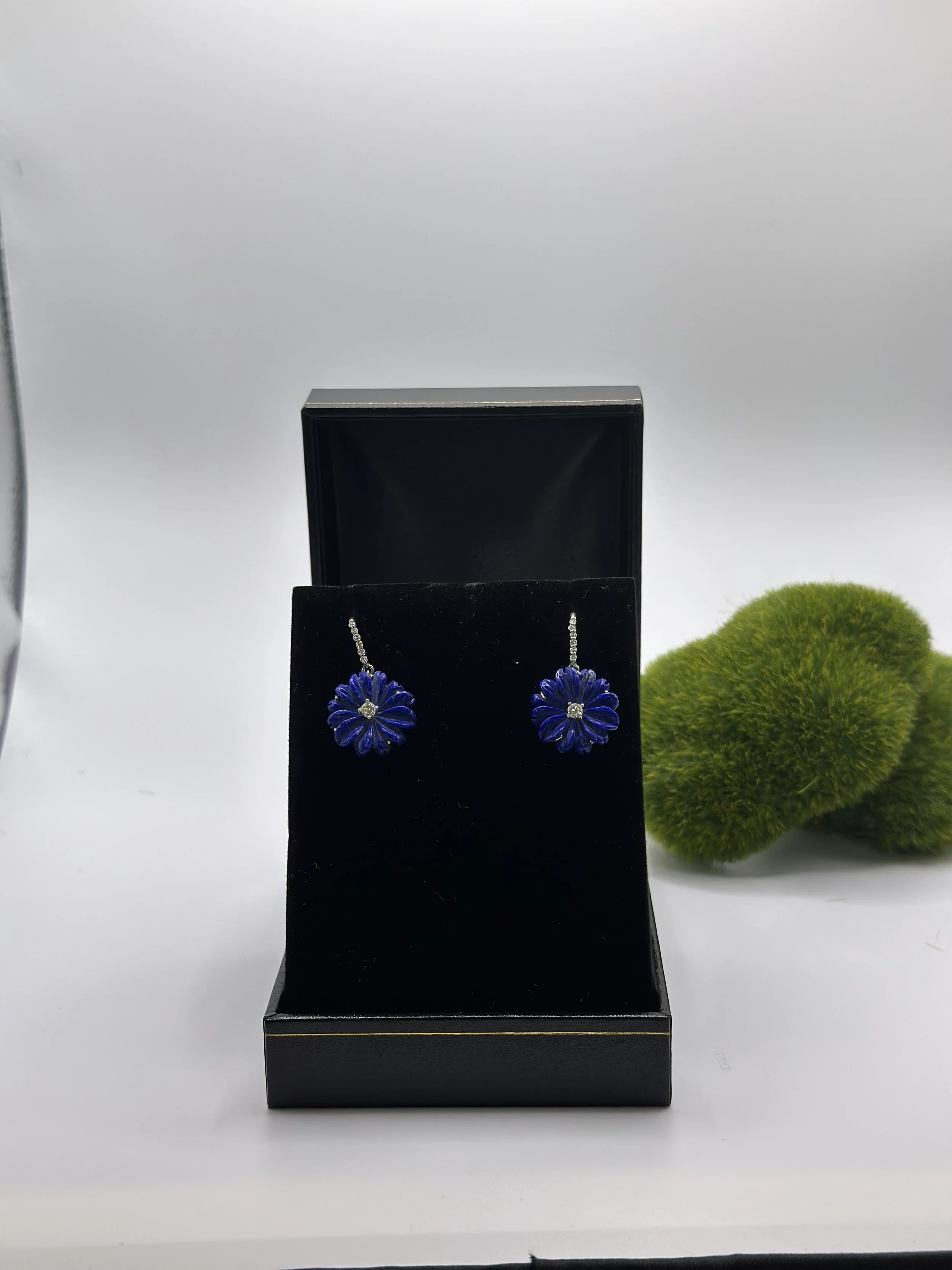 Carved Lapis and Diamond Earrings