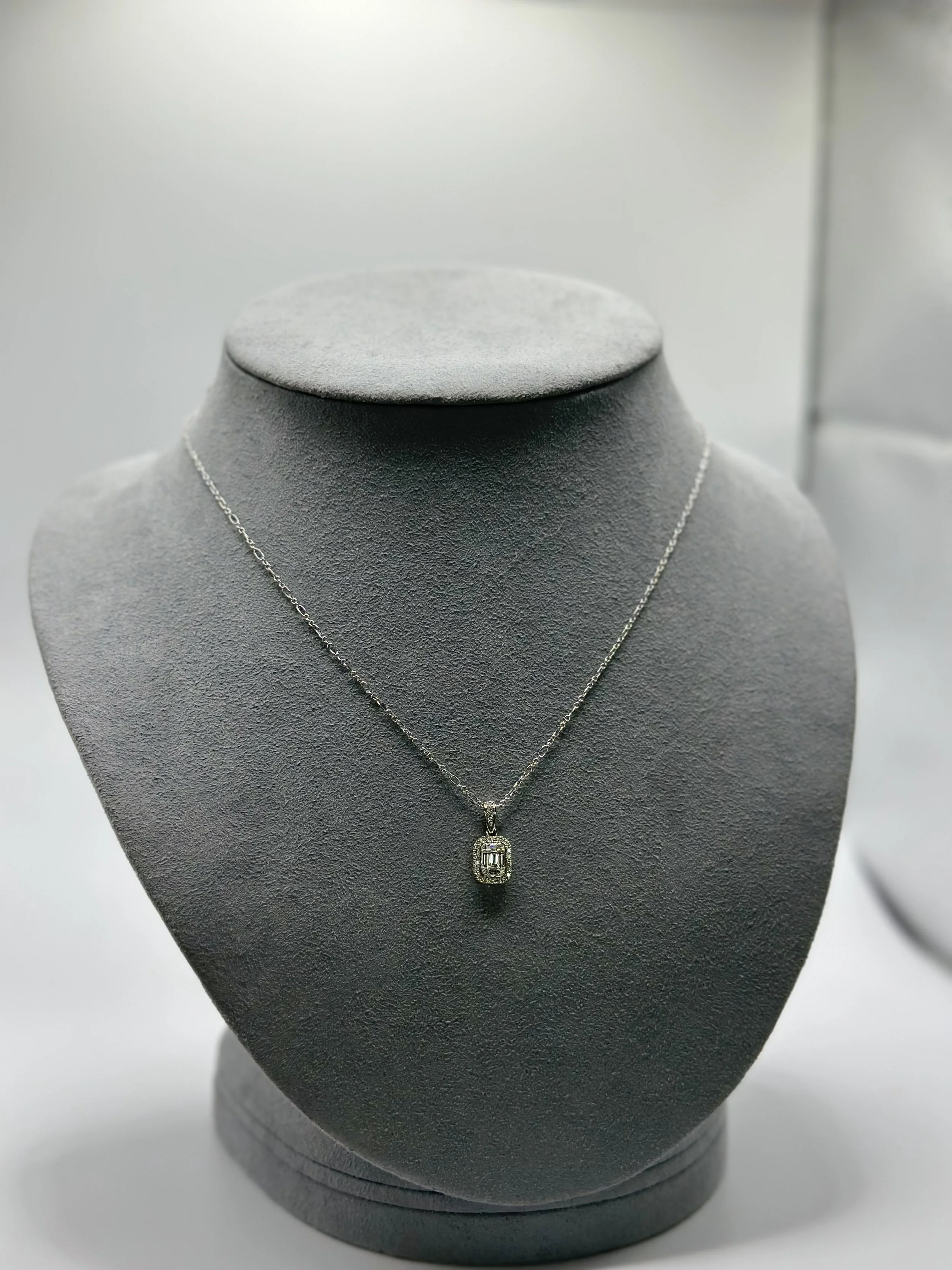 Emerald Cut Halo diamond drop necklace