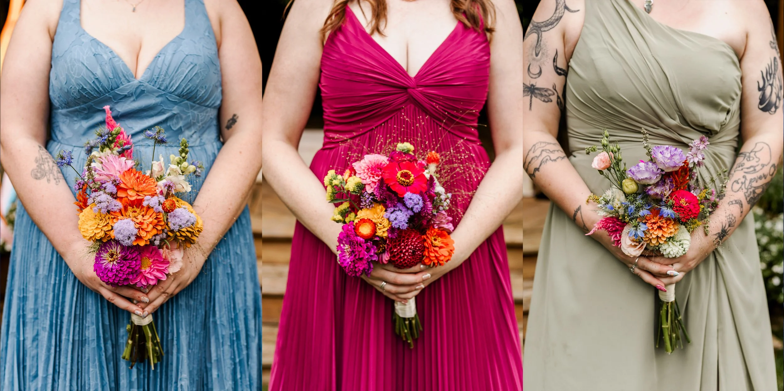 close up of three bridesmaids bouquets that are rainbow-colored