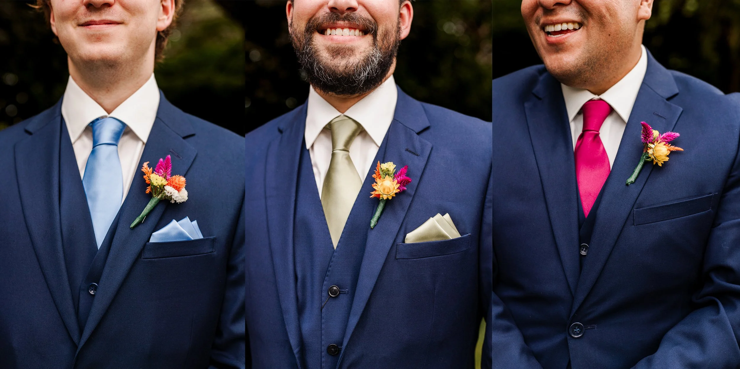 close ups of group of three groomsmen's boutonnieres that are rainbow colored pinned to navy blue suits