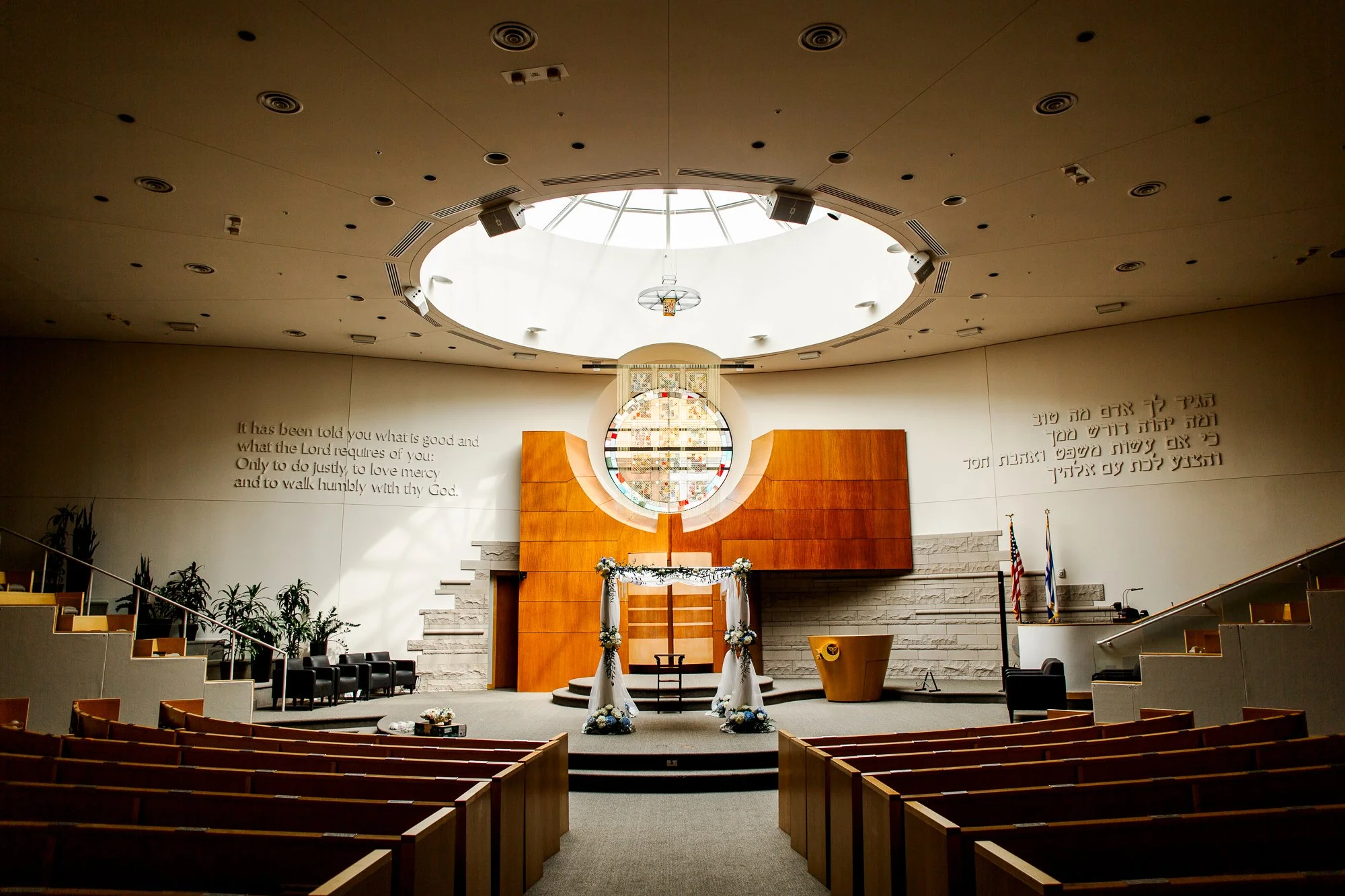 Temple Shir Shalom sanctuary illuminated by natural light