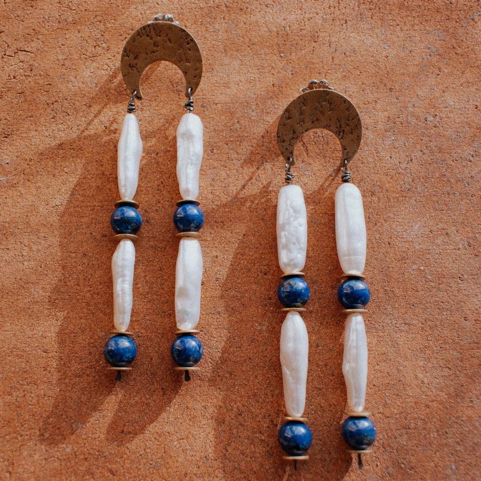 Pearl and Lapis Lazuli Portal Earrings - Brass