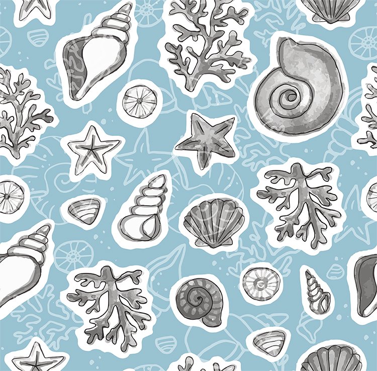 India Ink Vector Blue Seashells