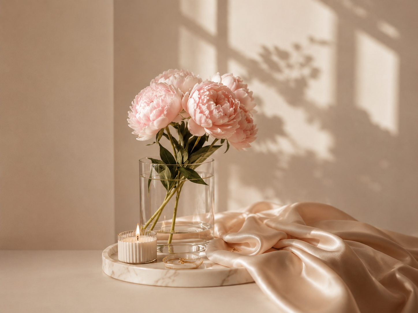 A vase with pink peonies next to a lit candle and some jewelry on a round marble tray, with a satin cloth draped beside them. Shadows from window light are cast on the wall.