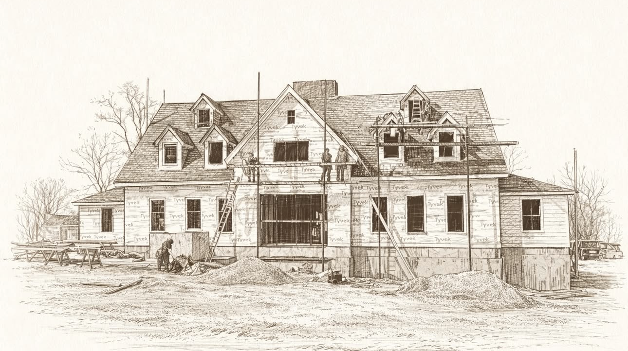 Sketch of a house under construction with workers and scaffolding on a construction site.